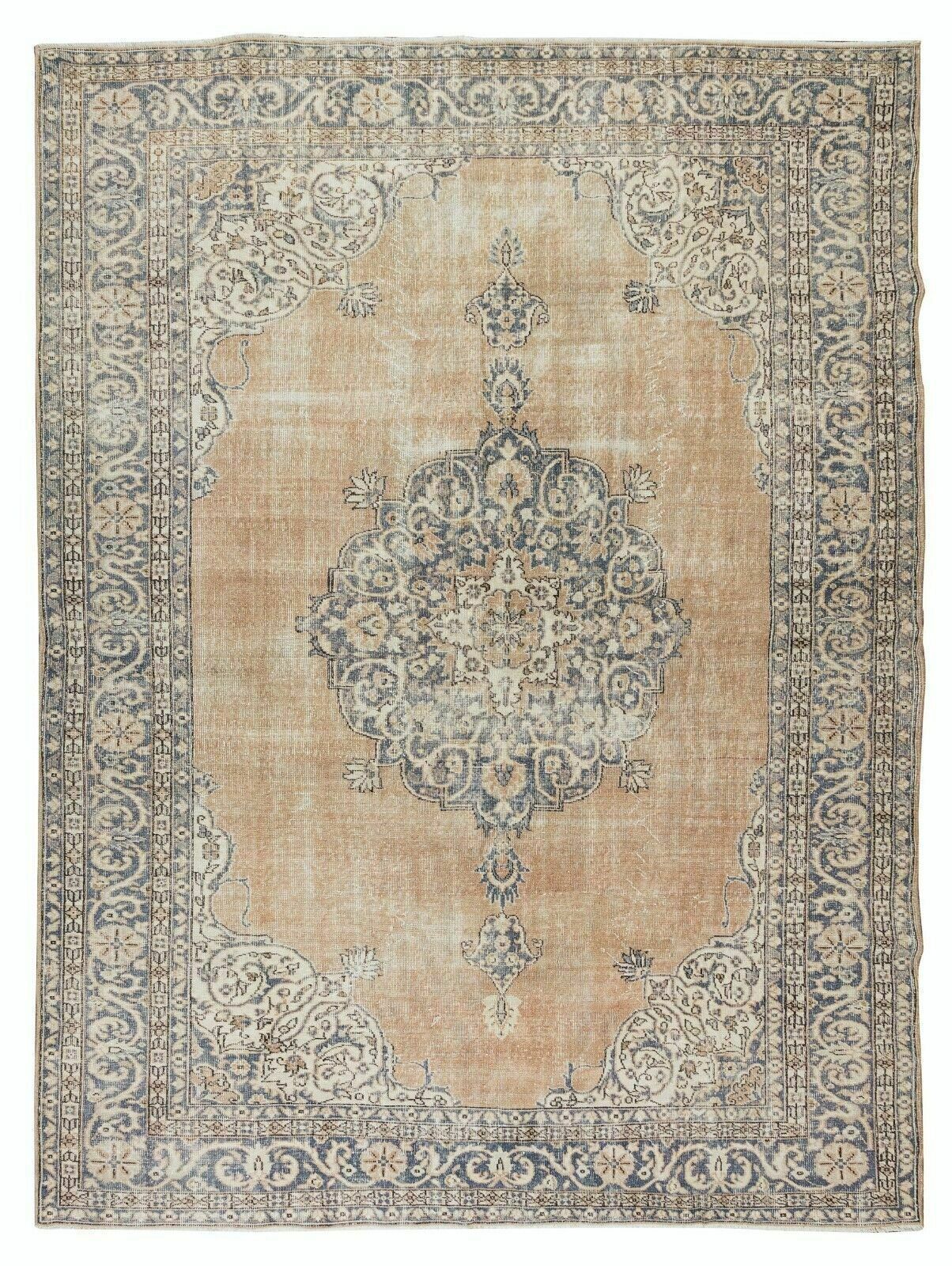 7.4x10.4 Ft Handmade Vintage Turkish Oushak Wool Area Rug With Medallion Design