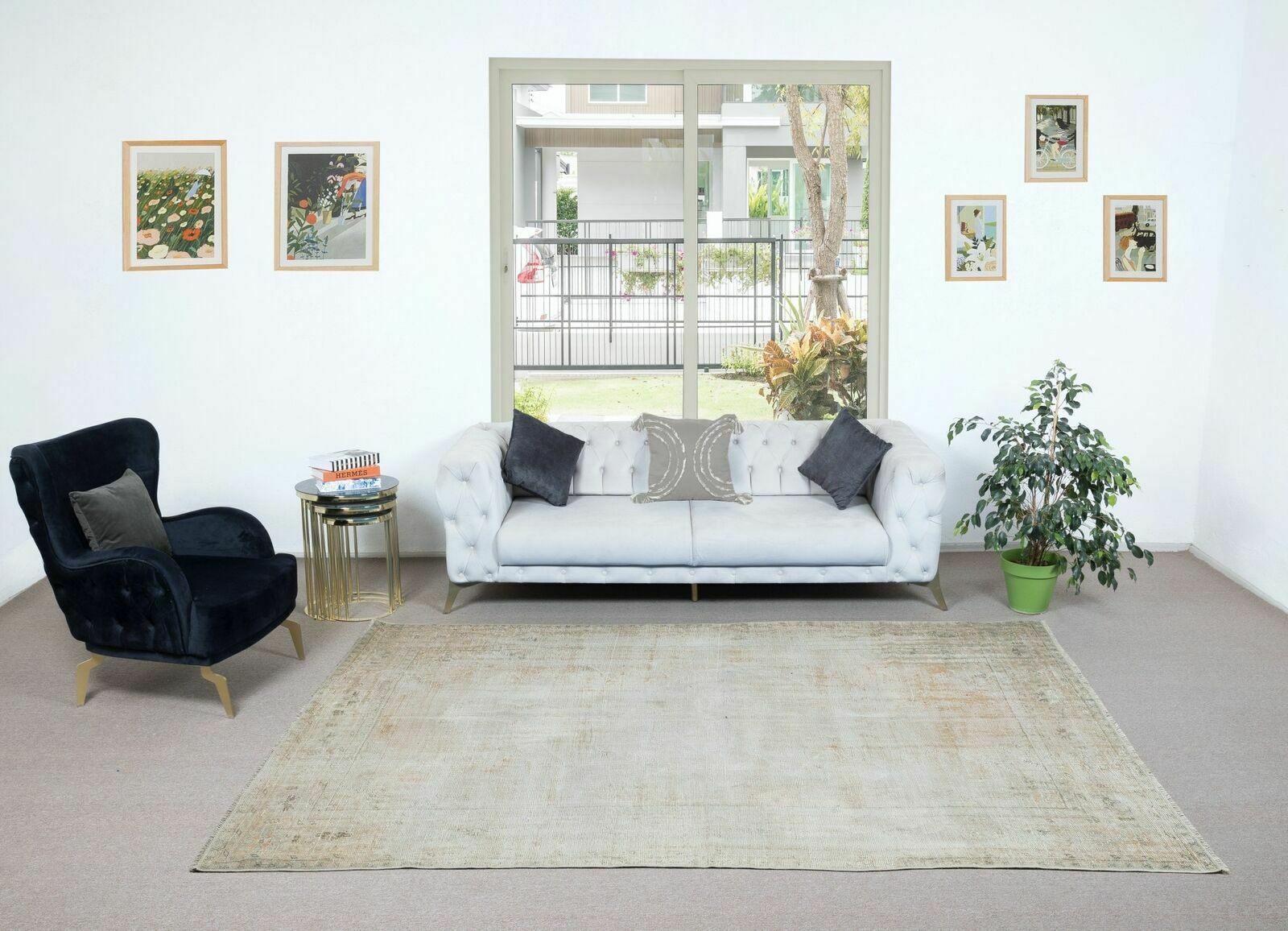 6.7x10.2 Ft Sun Faded Vintage Rug, Handmade Sun Faded Turkish Carpet In Beige photo furniture