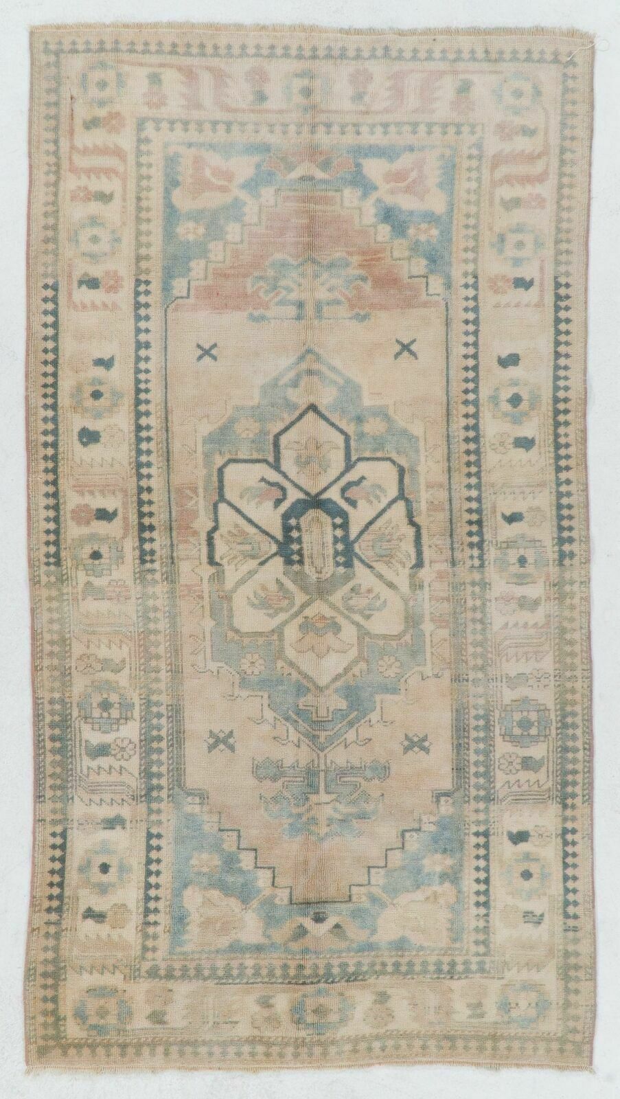 4.4x8 Ft Vintage Turkish Oushak Rug With Wool Pile In Faded Pink And Blue