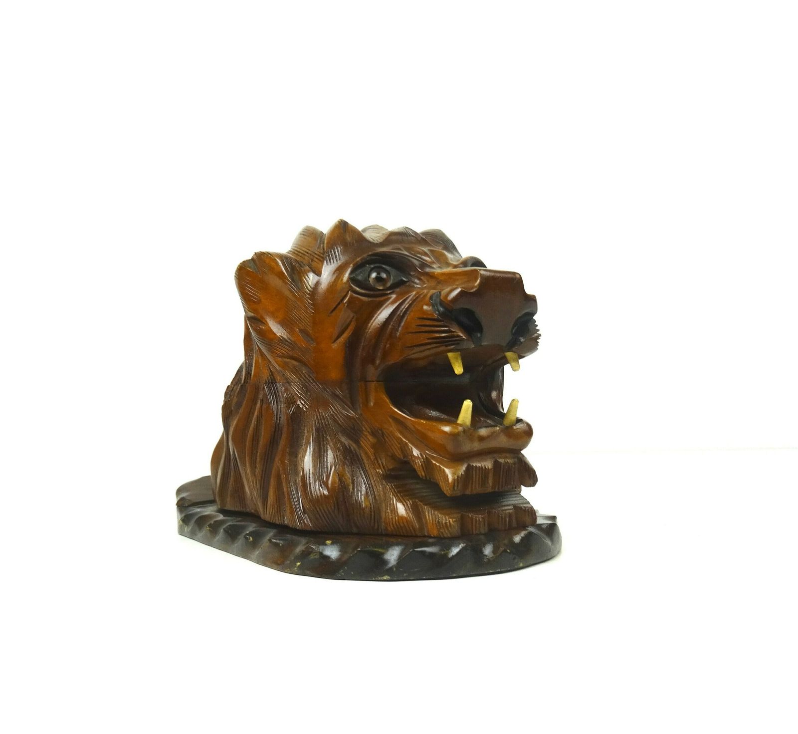 Antiek Art Nouveau Houten Sigarettendispenser Met Leeuwenkop, Frankrijk, Ca. 1900