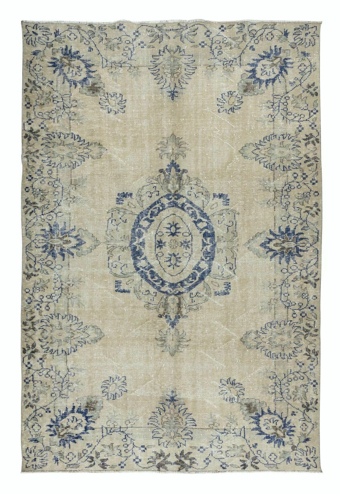 6.4x9.6 Ft Vintage Turkish Rug In Beige & Navy Blue, Sun Faded Handmade Carpet