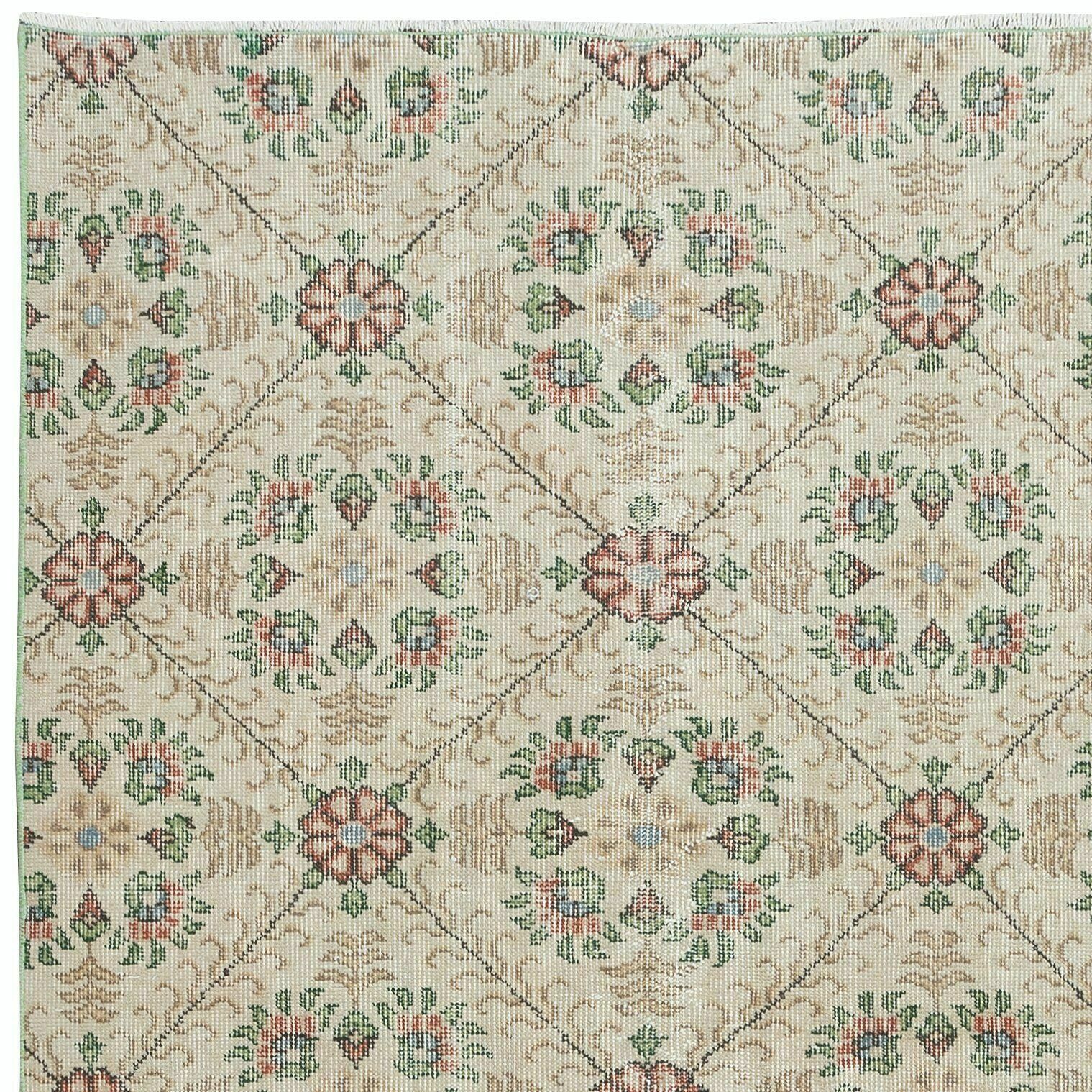 4x6.8 Ft Handknotted Vintage Rug With Beige Background And Green Floral Pattern photo Textiles