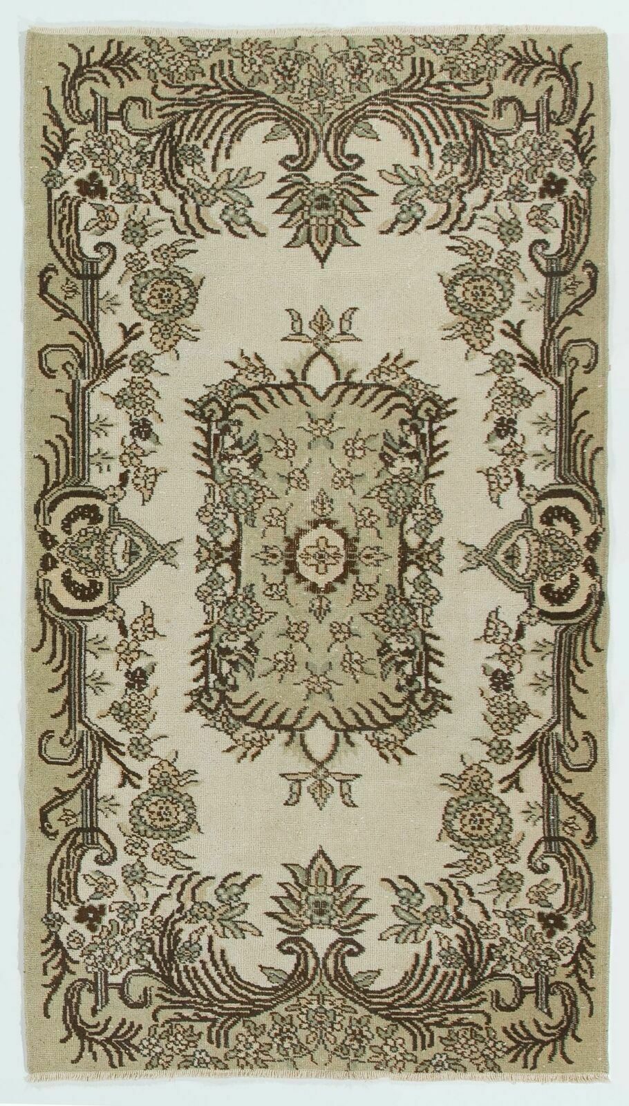 4x7 Ft Vintage Anatolian Oushak Rug. Hand Knotted Carpet With Medallion Design
