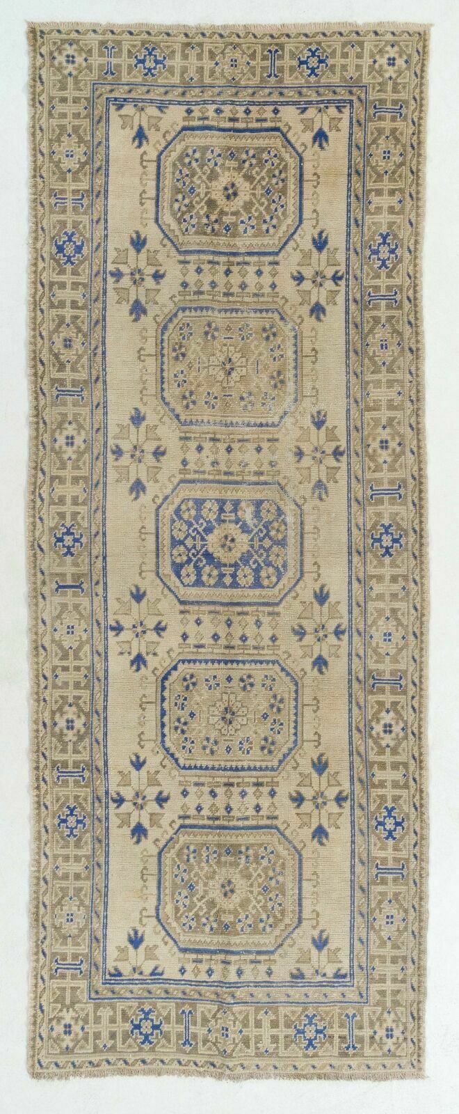 4.6x12.2 Ft Vintage Anatolian Oushak Runner Rug. Hand Knotted Wool Rug
