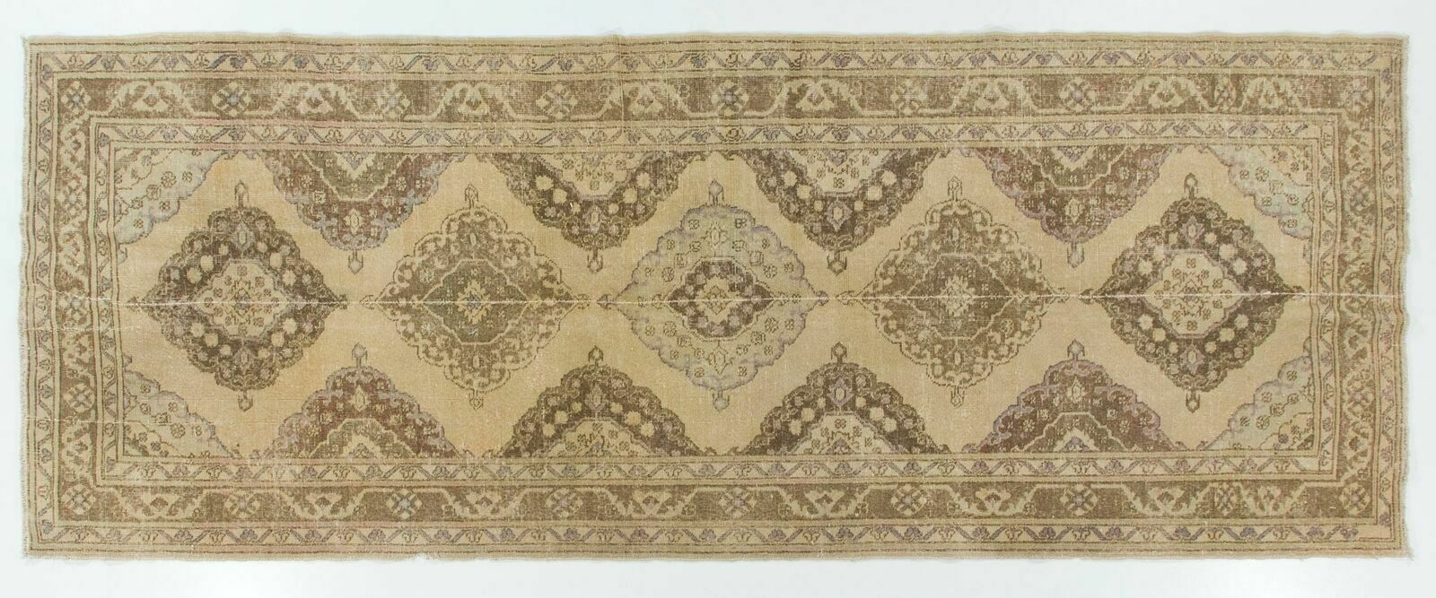 5x12.8 Ft Authentic Handmade Vintage Oushak Runner Rug In Natural Beige & Brown photo 907.0