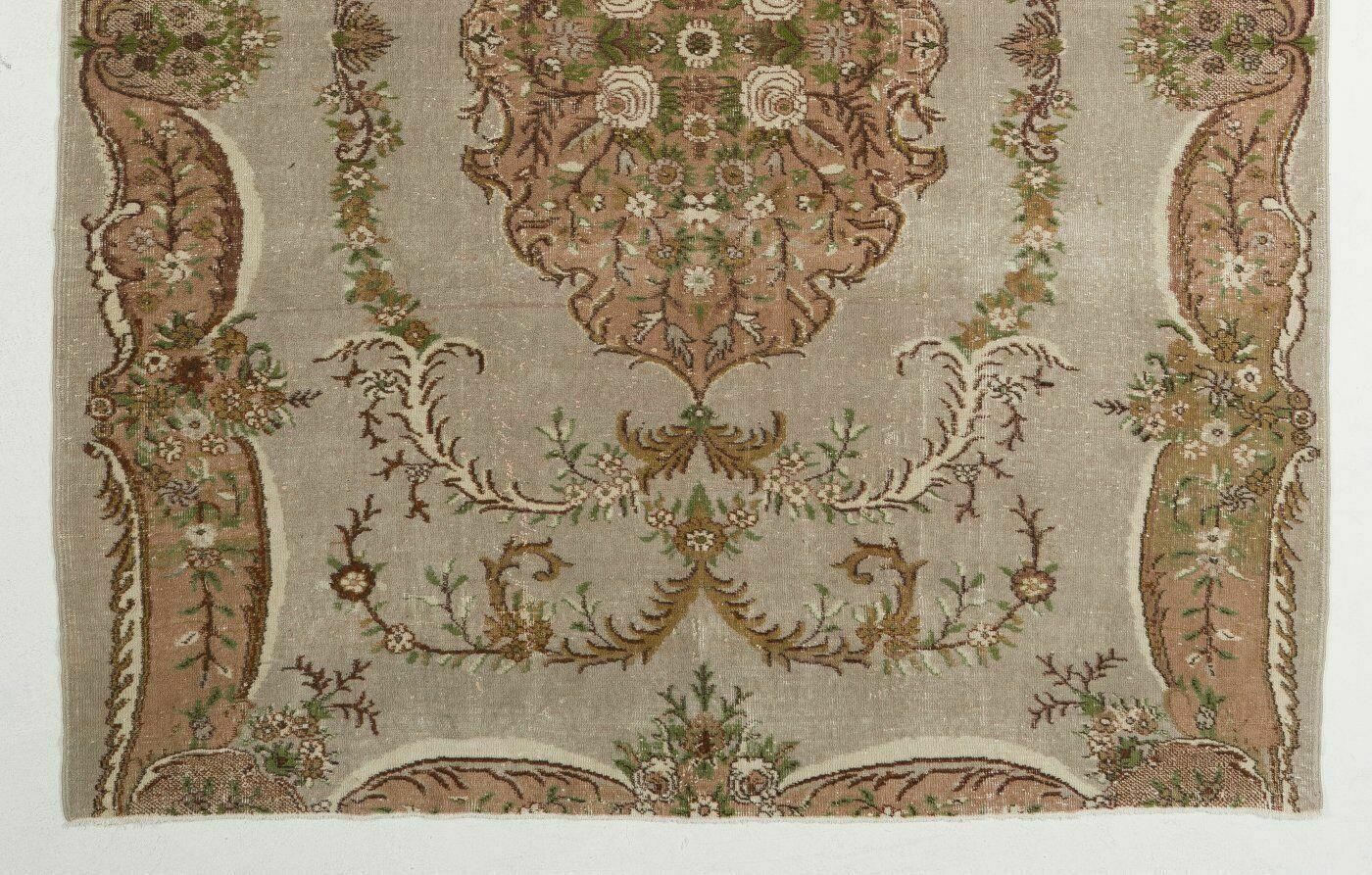 7x9 Ft Aubusson Inspired Vintage Turkish Handmade Wool Rug In Faded Rose, Gray photo for sale