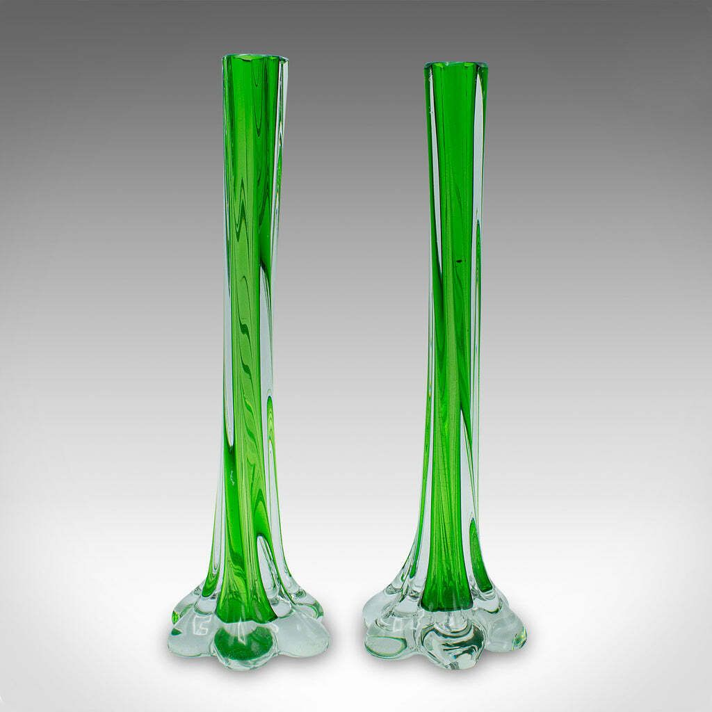 Pair Of Vintage Twist Stem Vases, French, Art Glass, Flower Sleeve, Mid Century photo furniture