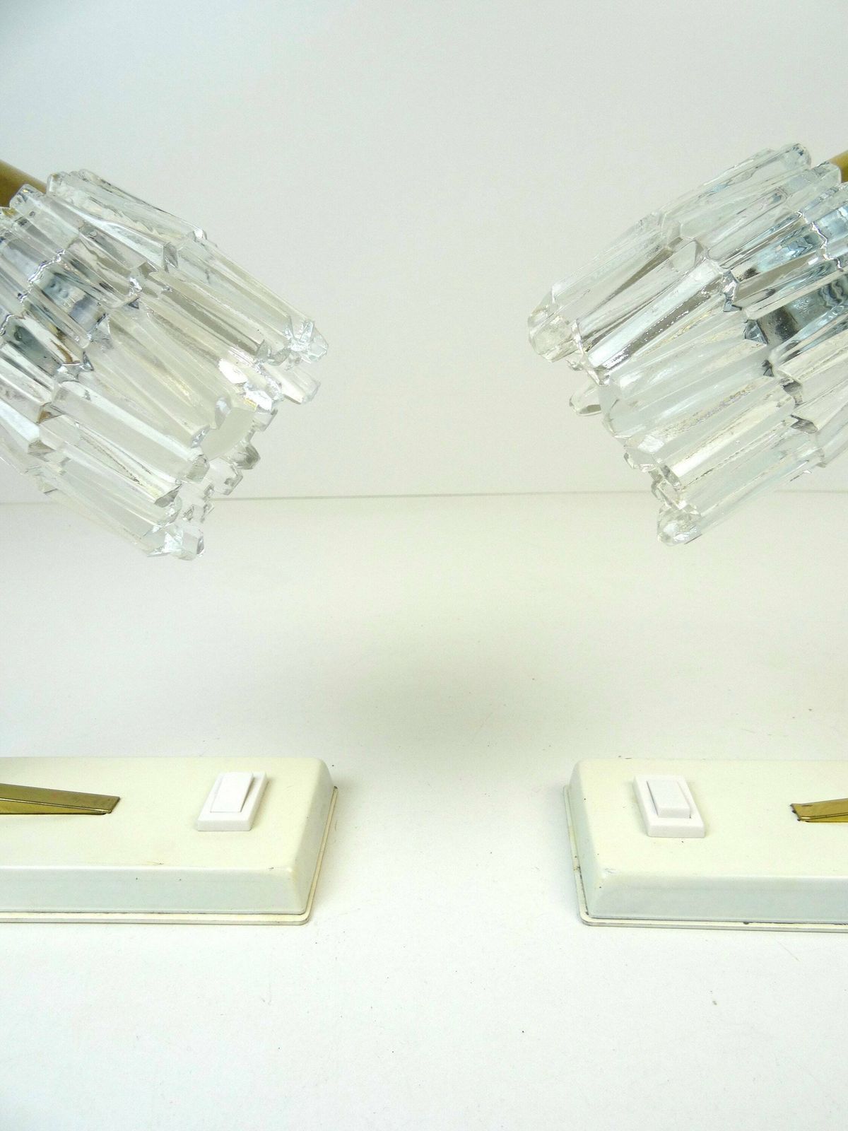 Rare Mid Century Brass & Ice Glass Hollywood Regency Pair Bedside Desk Lamps photo furniture