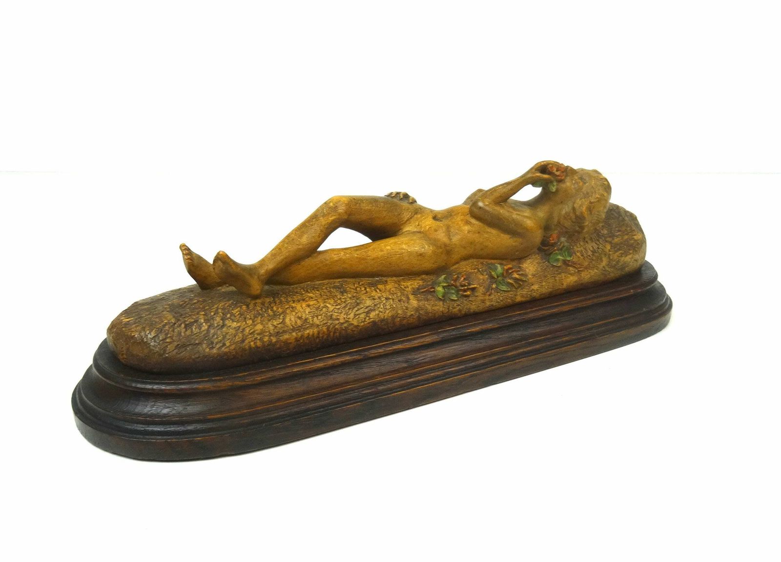 Antiek Oostenrijks Houten Sculptuur Van Naakte Vrouw Met Rozen, Handgesneden, Art Nouveau, Ca. 1890, Gesigneerd A. Stejer