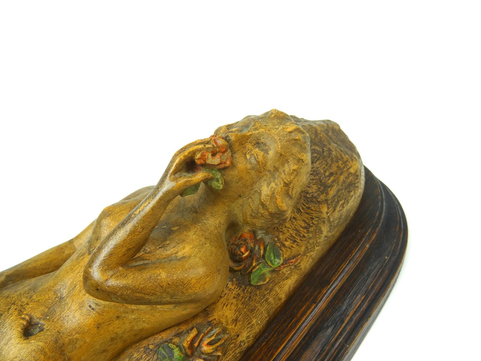 Antiek Oostenrijks Houten Sculptuur Van Naakte Vrouw Met Rozen, Handgesneden, Art Nouveau, Ca. 1890, Gesigneerd A. Stejer photo Kunst