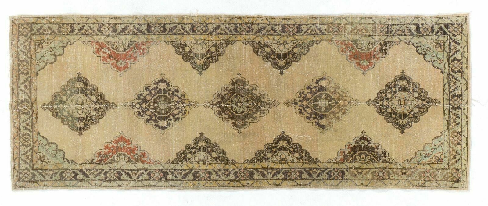 5x12.7 Ft Mid Century Handmade Oushak Runner. Natural Beige & Brown Wool Rug photo 624.0