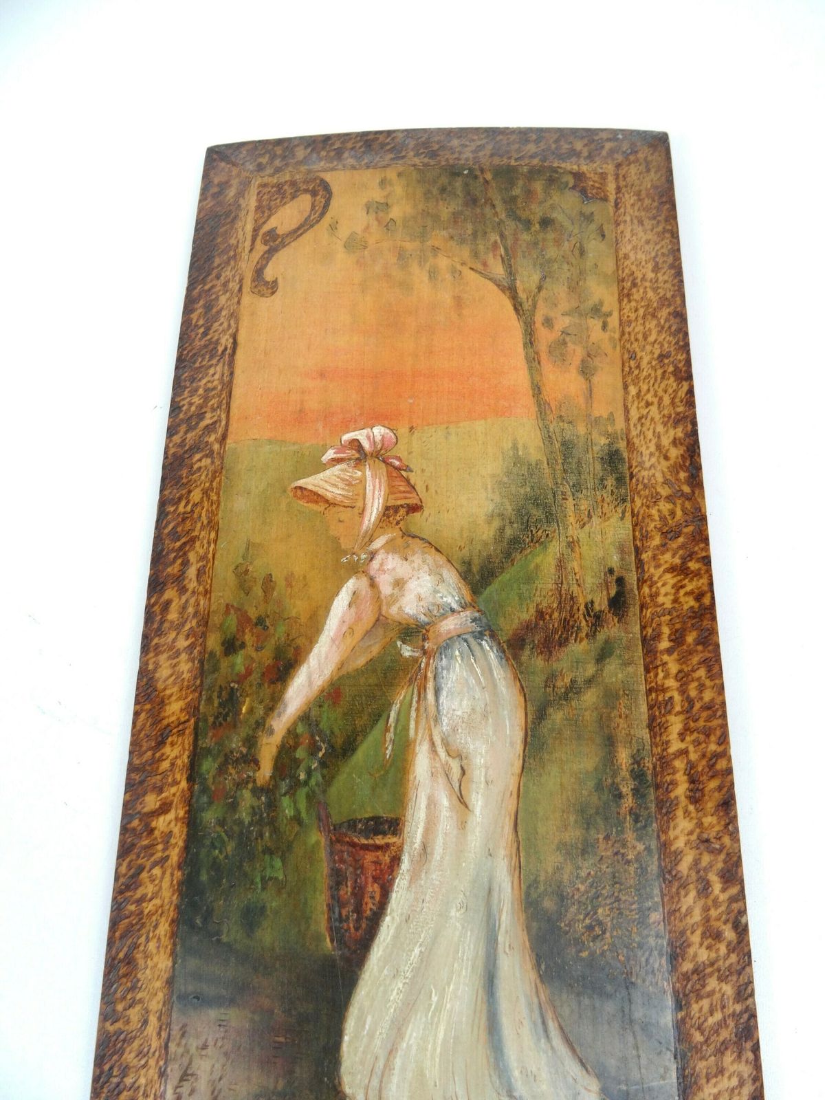 Antique Art Nouveau Pyrography Painting Woman Harvest Berries Signed J.P 1904 photo furniture