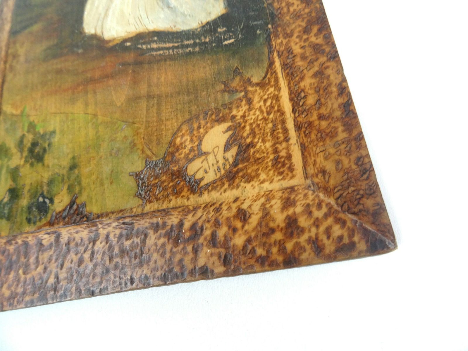 Antique Art Nouveau Pyrography Painting Woman Harvest Berries Signed J.P 1904 photo for sale