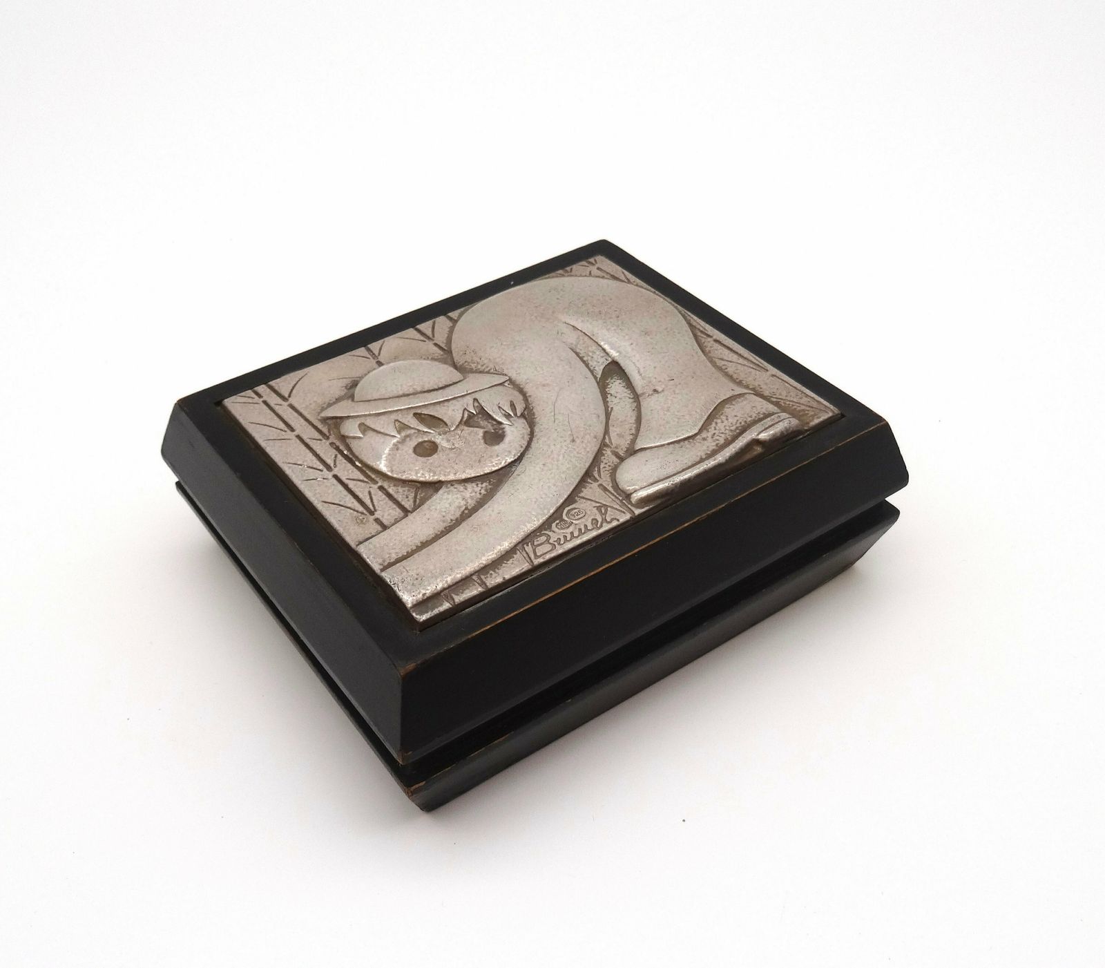 Beautiful Mid Century Wood & 925 Silver Surrealism Plaque Jewelry Box By Artist Brunel photo furniture