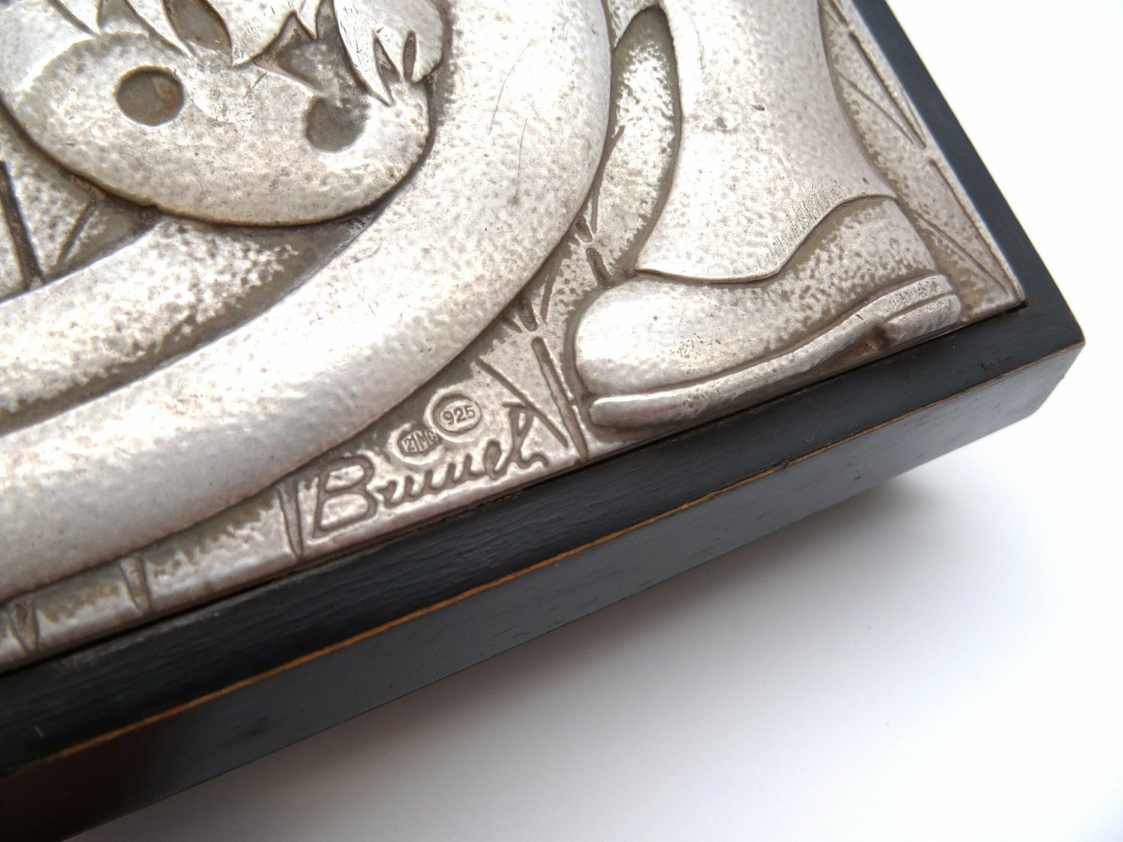 Beautiful Mid Century Wood & 925 Silver Surrealism Plaque Jewelry Box By Artist Brunel photo Home Decor