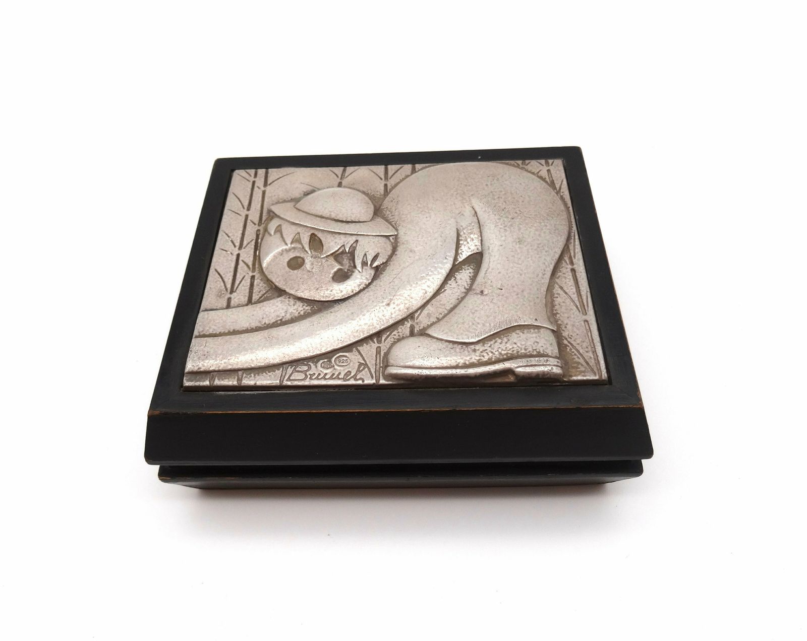 Beautiful Mid Century Wood & 925 Silver Surrealism Plaque Jewelry Box By Artist Brunel photo vintage