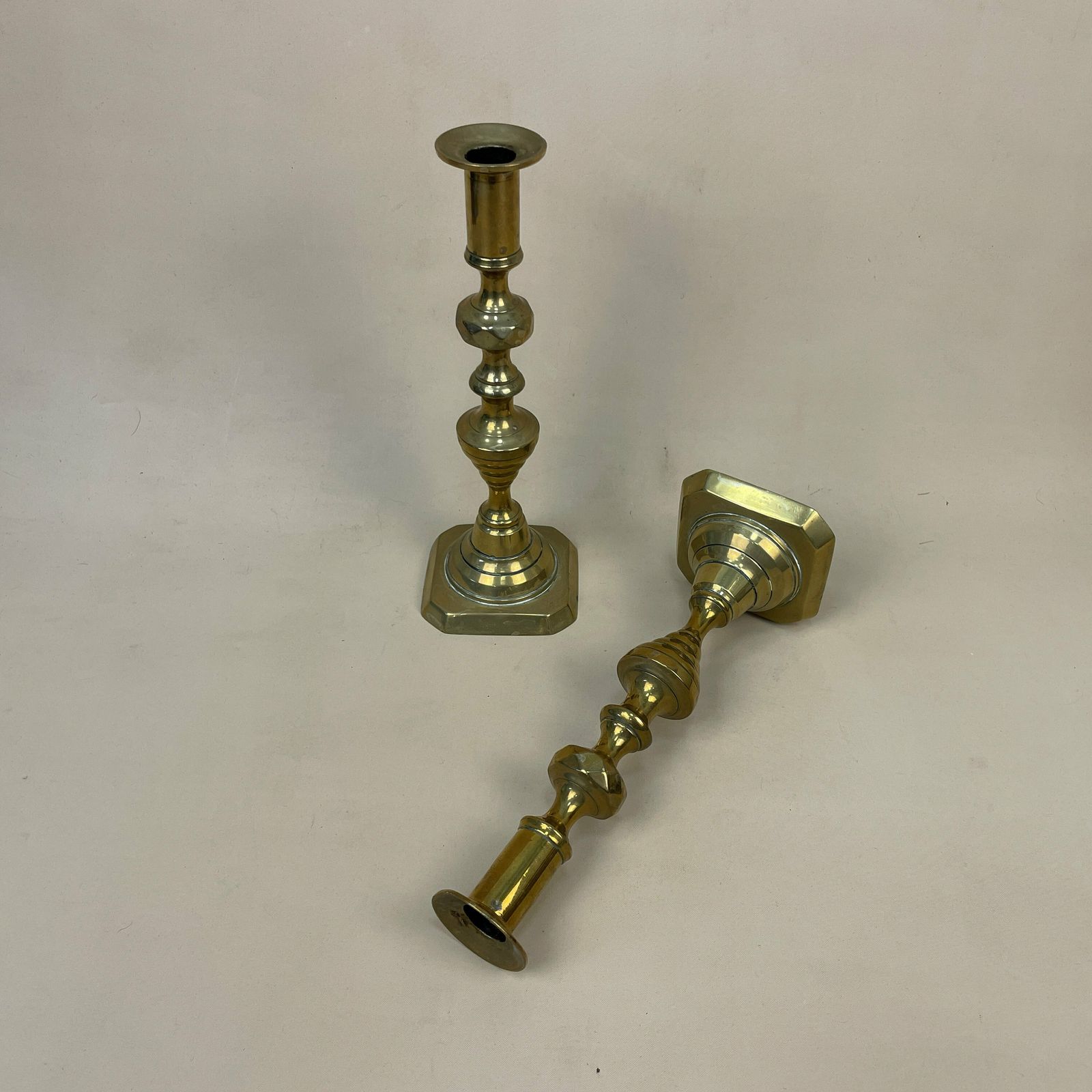 Antique Matching Pair Of Gold Brass Metal Candlestick Candle Stick Vintage Column Taper Dinner Candlesticks Square Base Column photo furniture