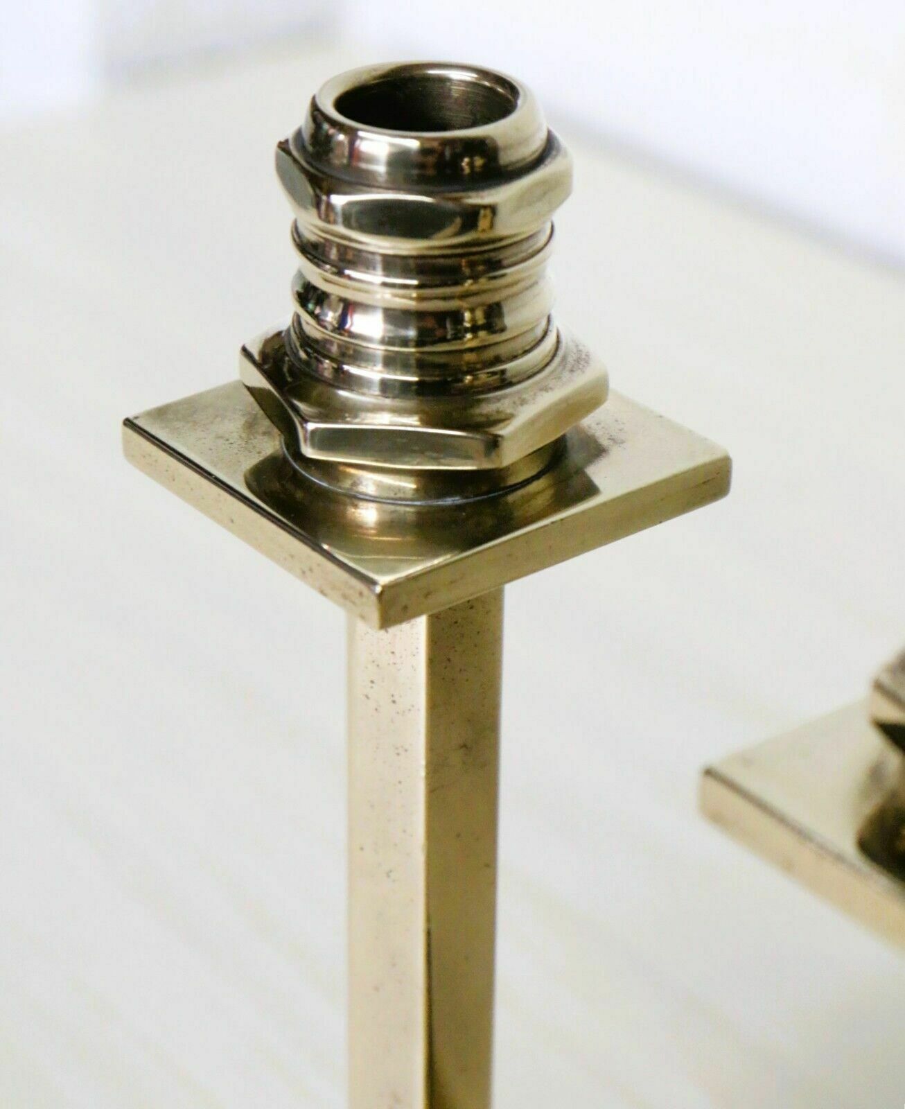 Candlesticks A Pair Of Art Deco Machine Age Brass Antique Candle Sticks photo 85.0