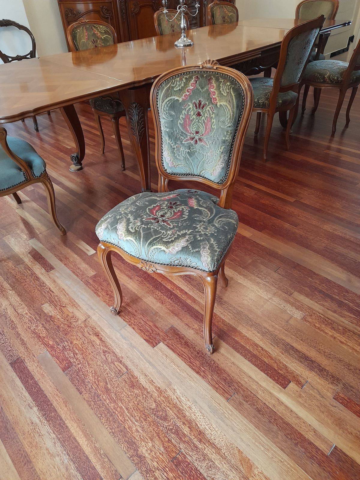 photo for sale Louis XV Style Extendable Parquet Dining Table And 8 Chairs.