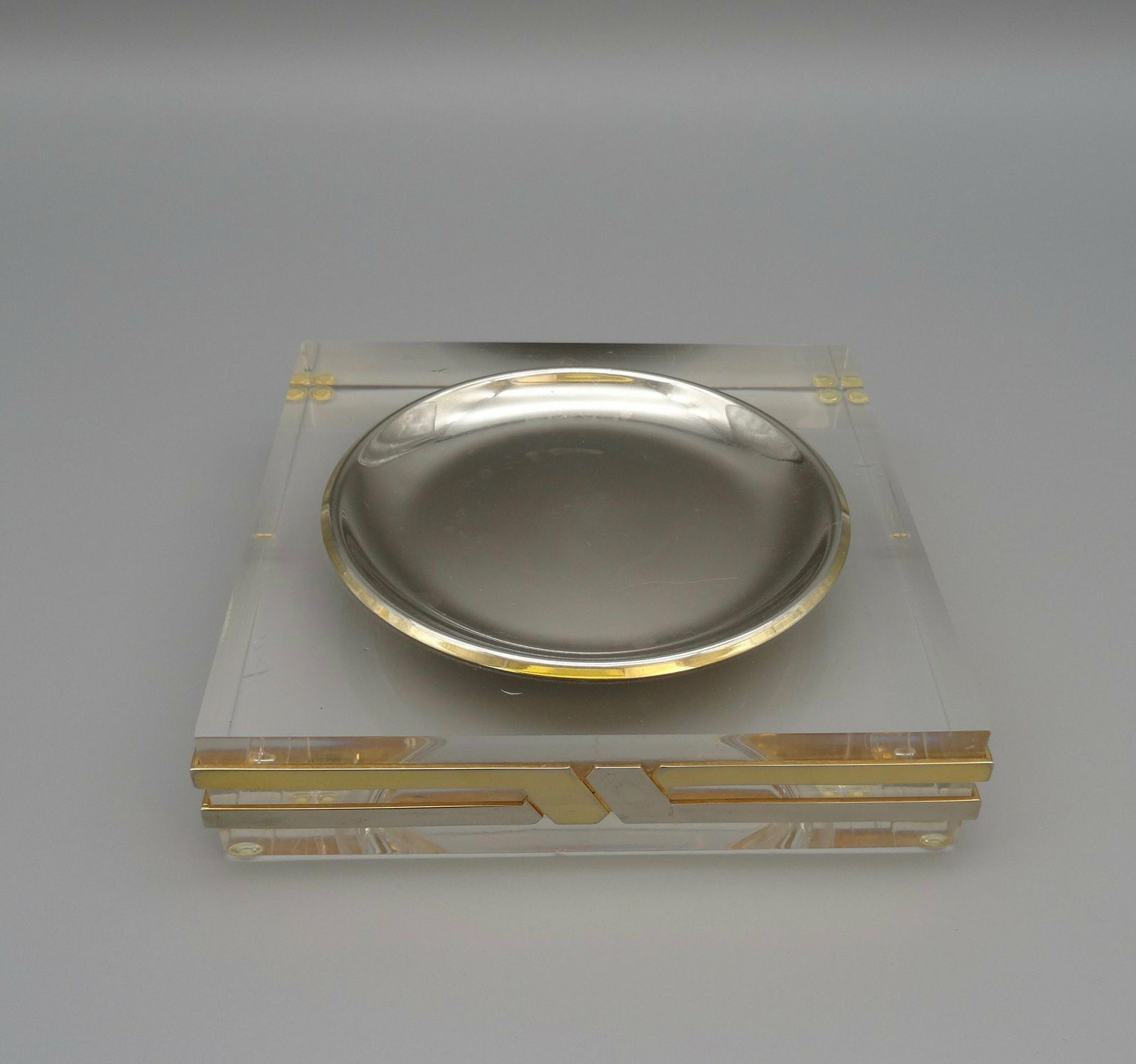 photo furniture Mid Century Minimalist Clear Acrylic Lucite & Chrome Catch All Bowl Trinket By Felice Antonio Botta