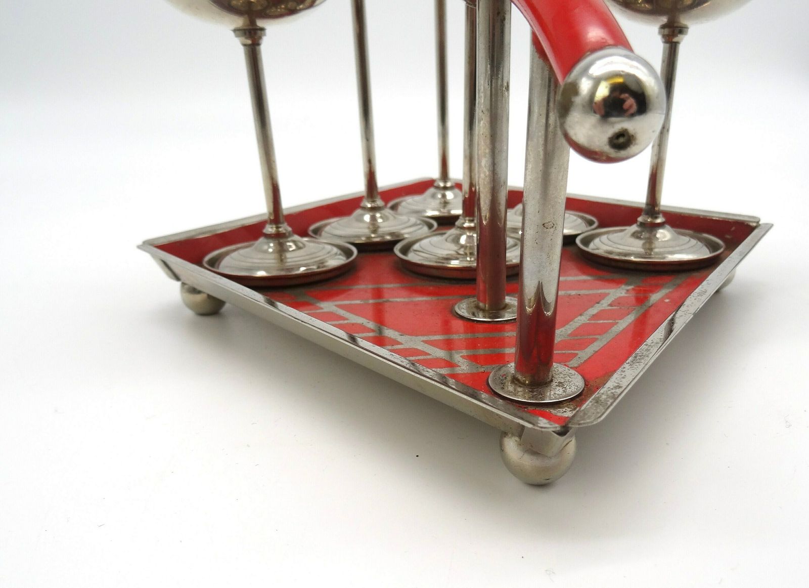 Rare Bauhaus Red Enamel Cubist Tray With Vodka Cups Art Deco Germany 1930 Barware photo for sale