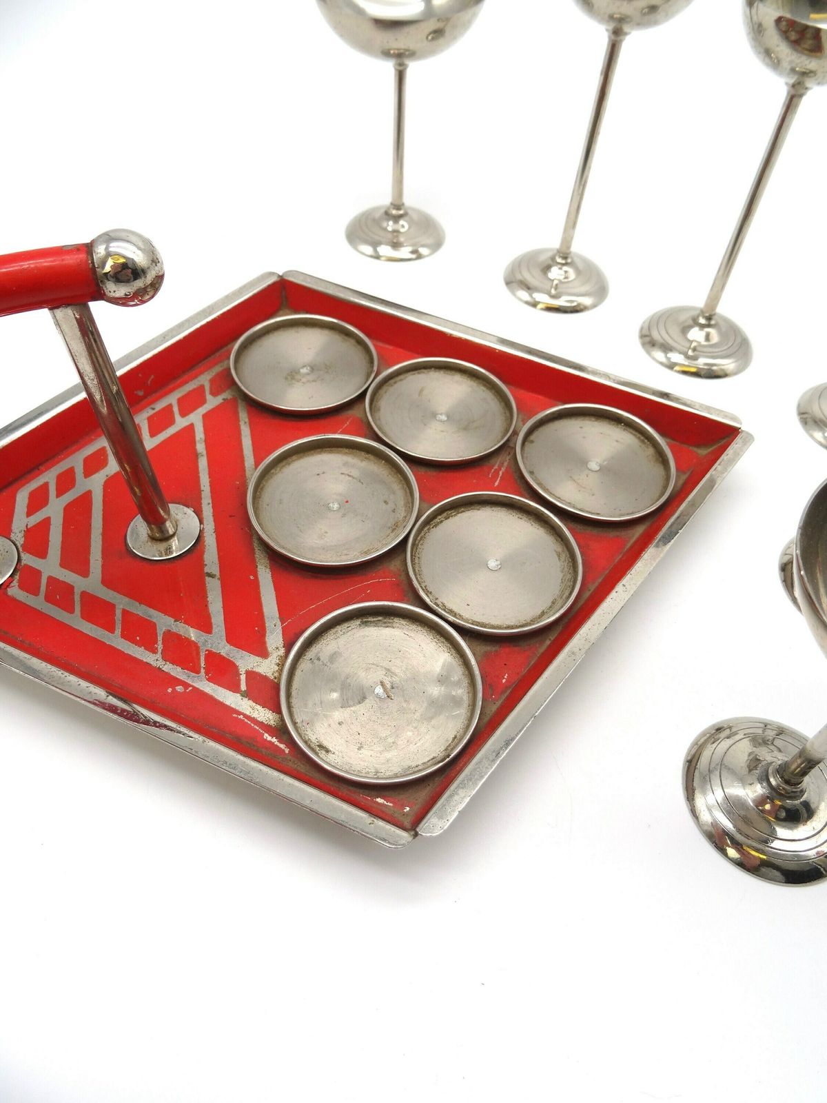 Rare Bauhaus Red Enamel Cubist Tray With Vodka Cups Art Deco Germany 1930 Barware photo vintage
