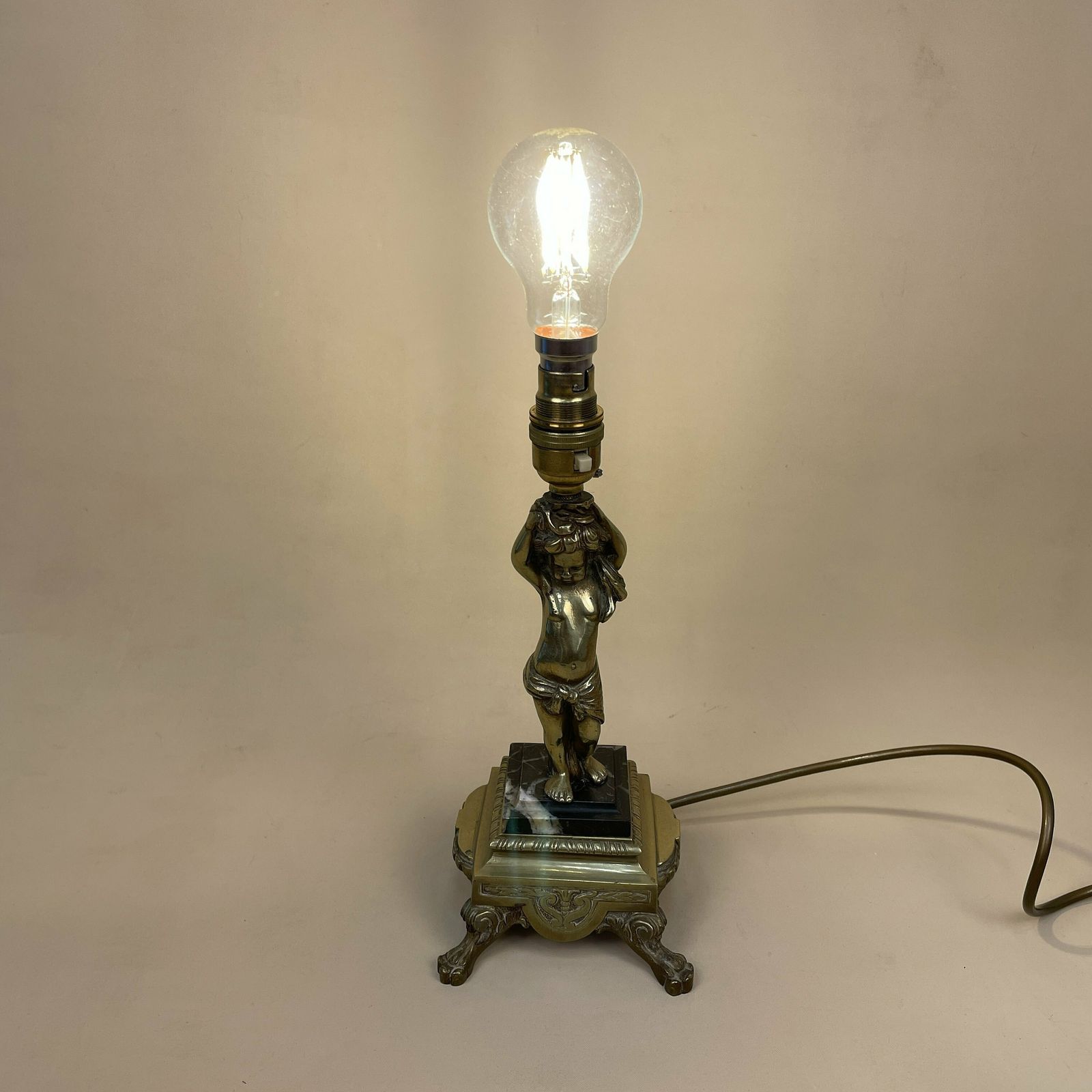 photo furniture Antique Metal Gold Brass Lamp Light Bedside Side Table Desk Column Ornate Detail Round Base Marble Cherub Baby Vintage Pattern Patterned