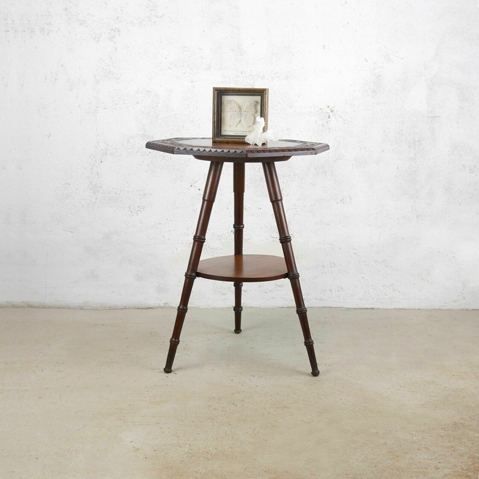 Antique Victorian Faux Bamboo Carved Poker Tripod Side Lamp Table photo furniture