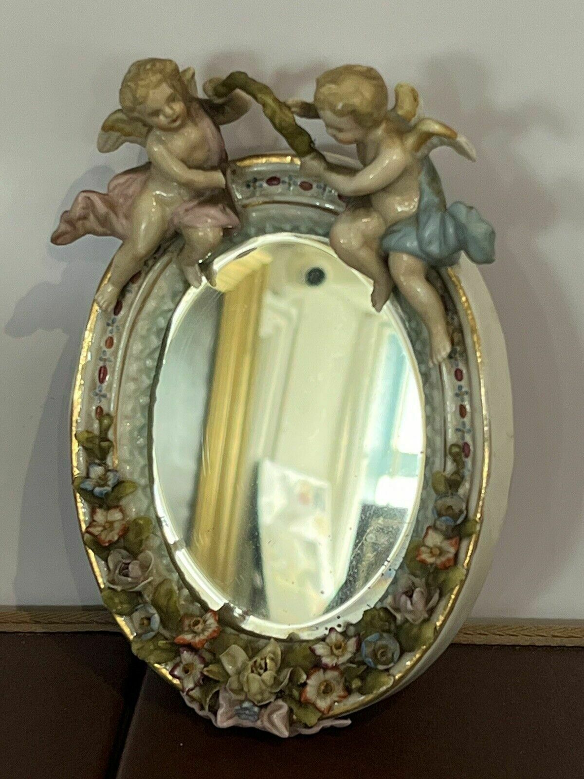 photo vinterior Antique Meissen German Porcelain Wall Mirror Set. Decorated With Cherubs & Birds