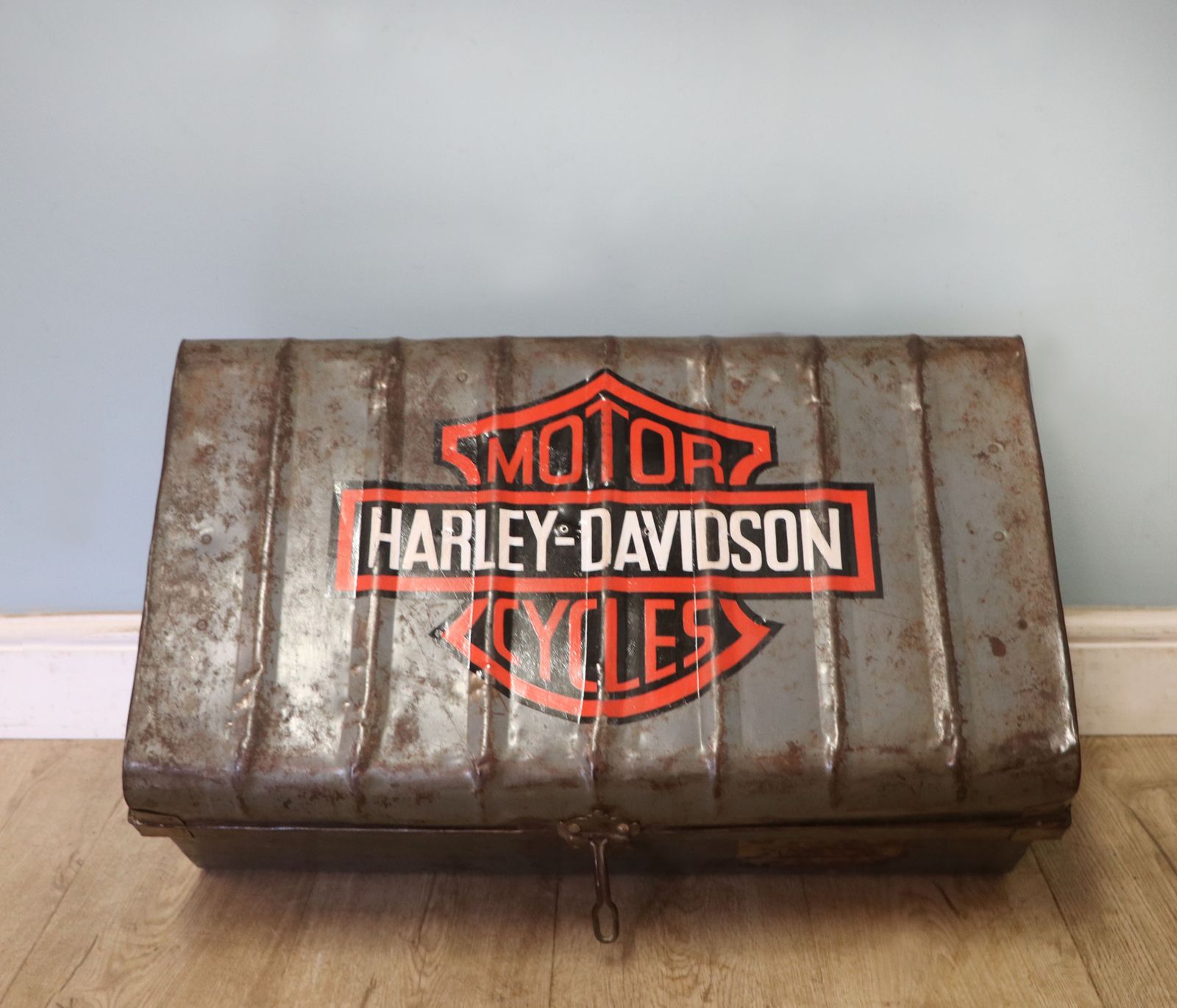 A Lovely Vintage Metal Trunk Which Has Been Later Hand Sign Written With The Harley Davidson Emblem.