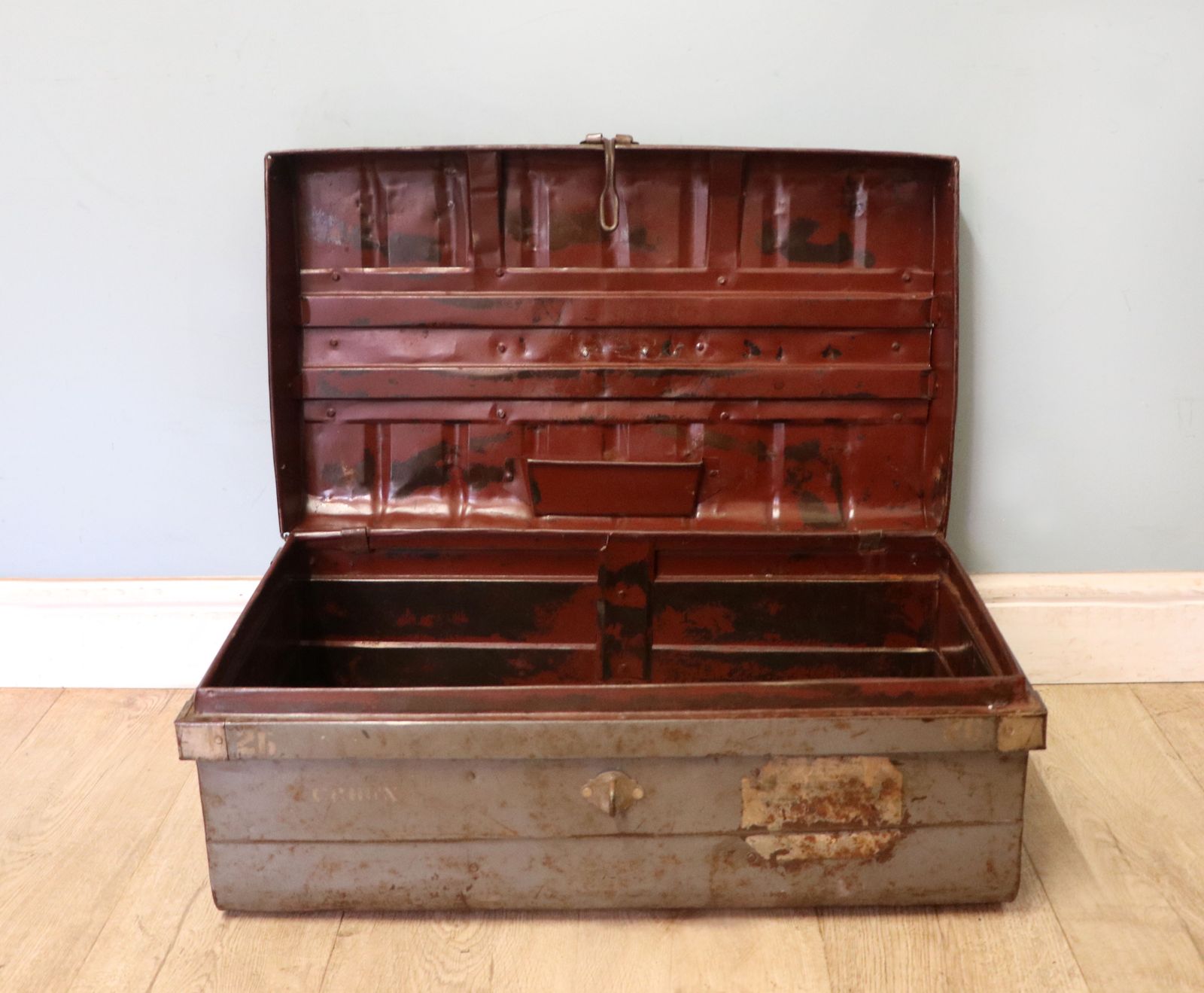 A Lovely Vintage Metal Trunk Which Has Been Later Hand Sign Written With The Harley Davidson Emblem. photo vinterior