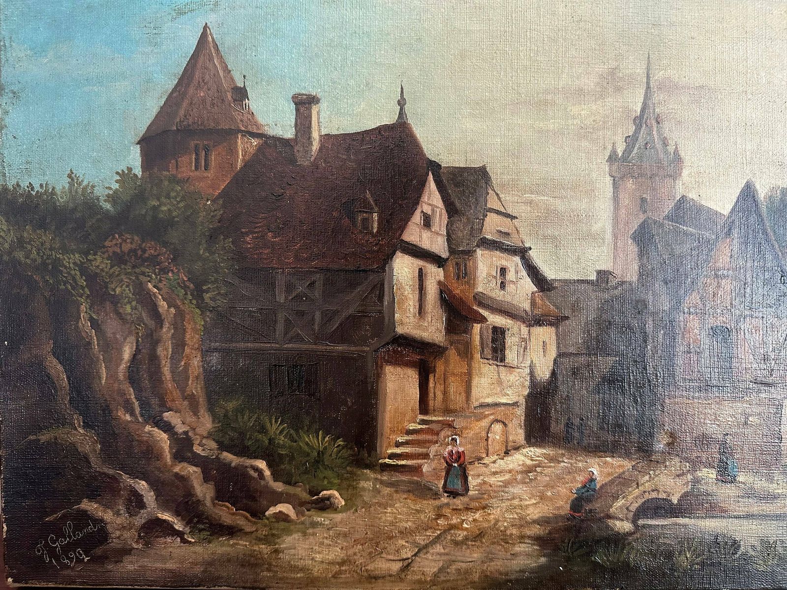 Antique Oil Painting On Canvas, 19thc French School Original Art Signed J.Galland, Village Painting photo for sale