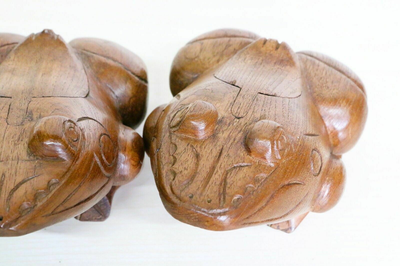 A Pair Of Large Antique Wooden Frog Incense Burners Chinese Carved Teak 1960's photo vinterior