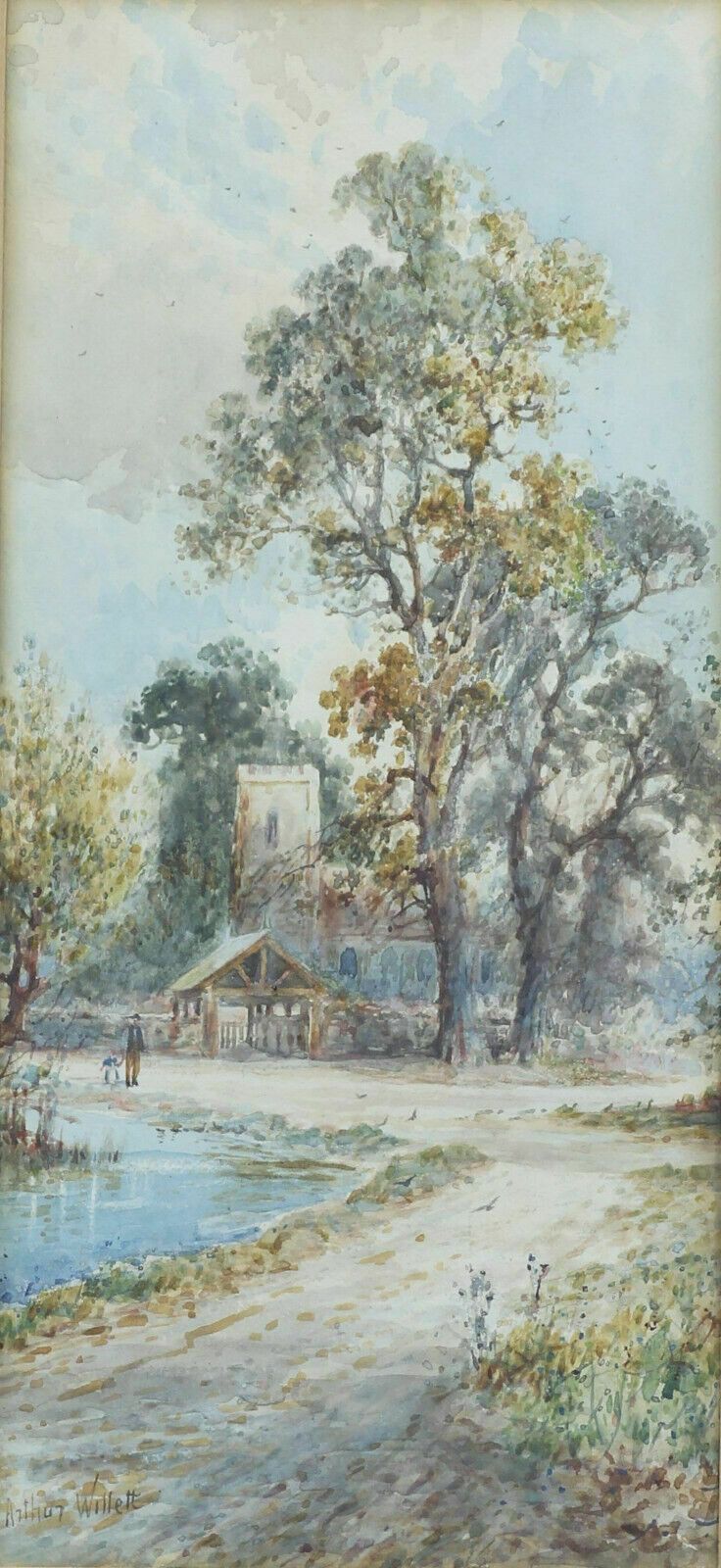 Watercolour By Arthur Willett. Church By The River photo furniture