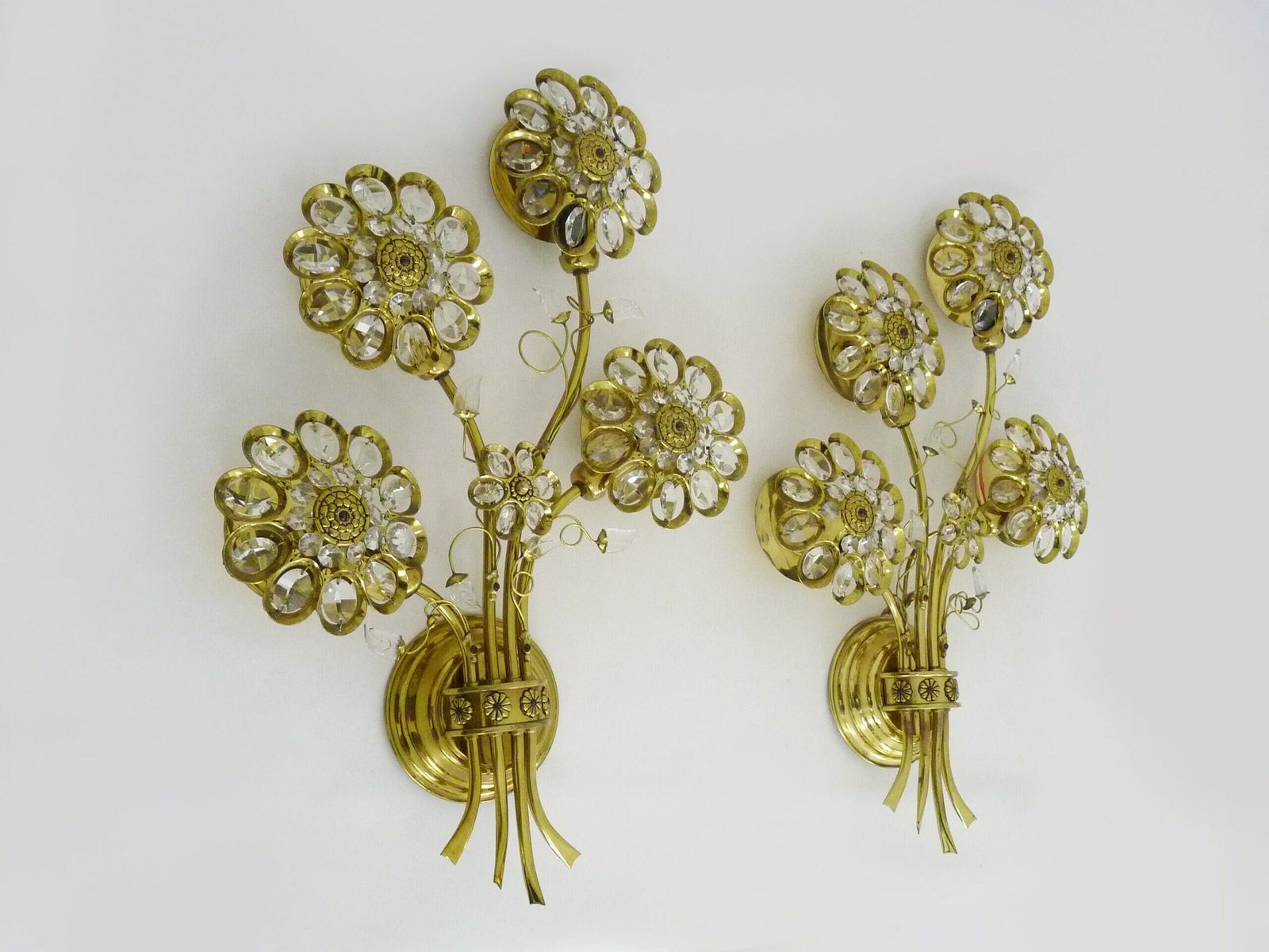 Large Pair Of Vintage Palwa Crystal And Brass Flower Wall Lights With 4 Lights photo for sale