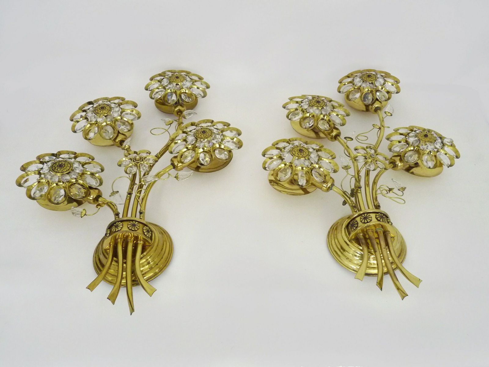 Large Pair Of Vintage Palwa Crystal And Brass Flower Wall Lights With 4 Lights photo Lighting