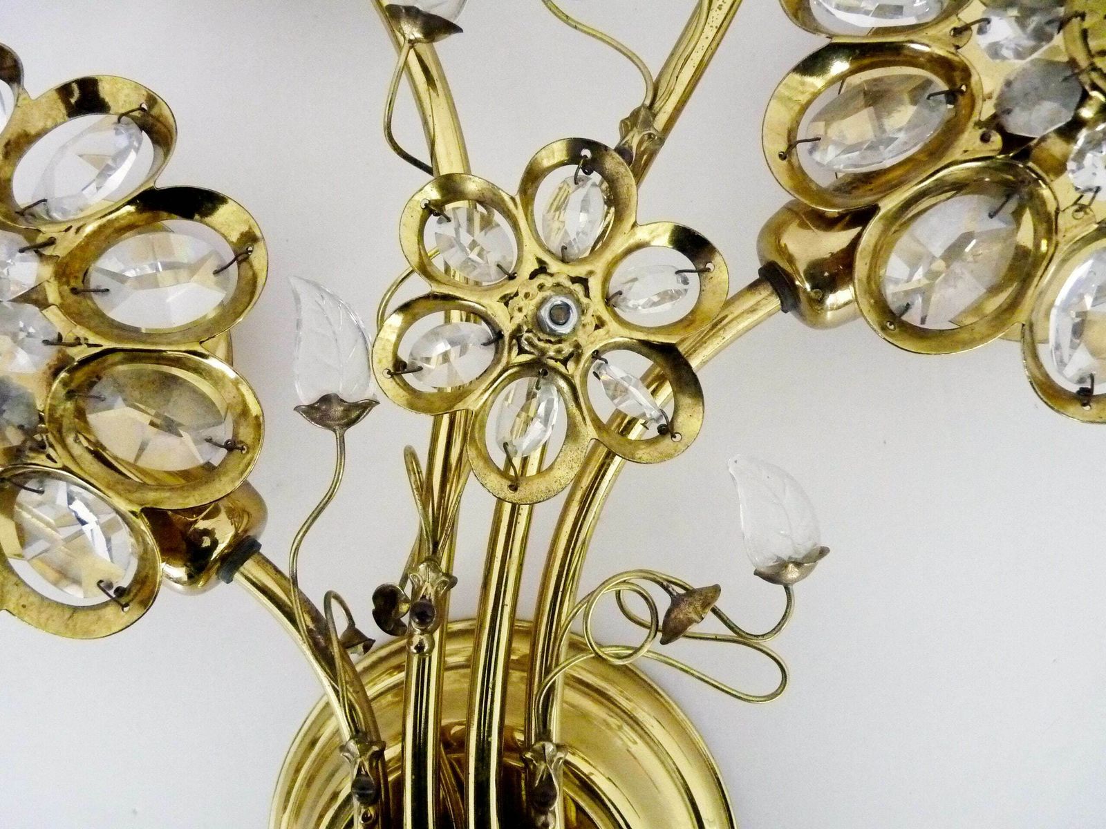 Large Pair Of Vintage Palwa Crystal And Brass Flower Wall Lights With 4 Lights photo vintage