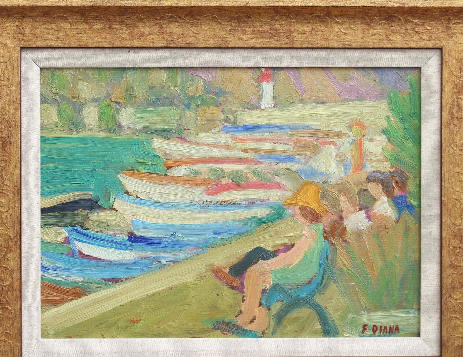 'Family Seated On A Bench At The Port' By François Diana (Circa 1970s) photo 1100.0