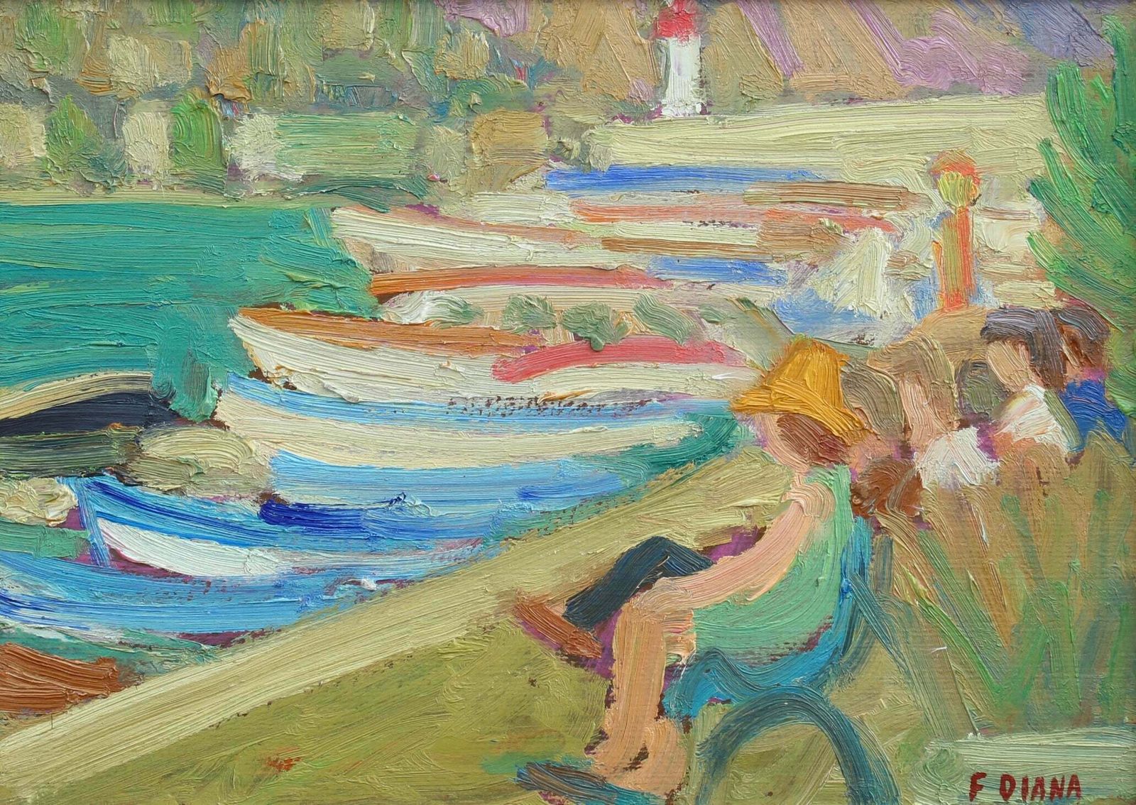'Family Seated On A Bench At The Port' By François Diana (Circa 1970s) photo vinterior