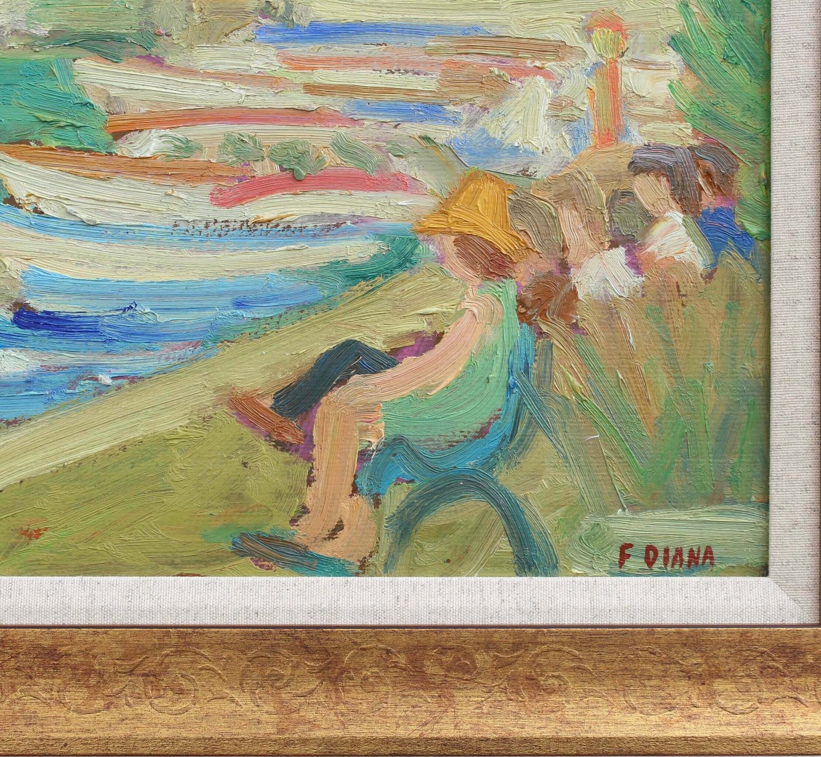 Art 'Family Seated On A Bench At The Port' By François Diana (Circa 1970s) photo