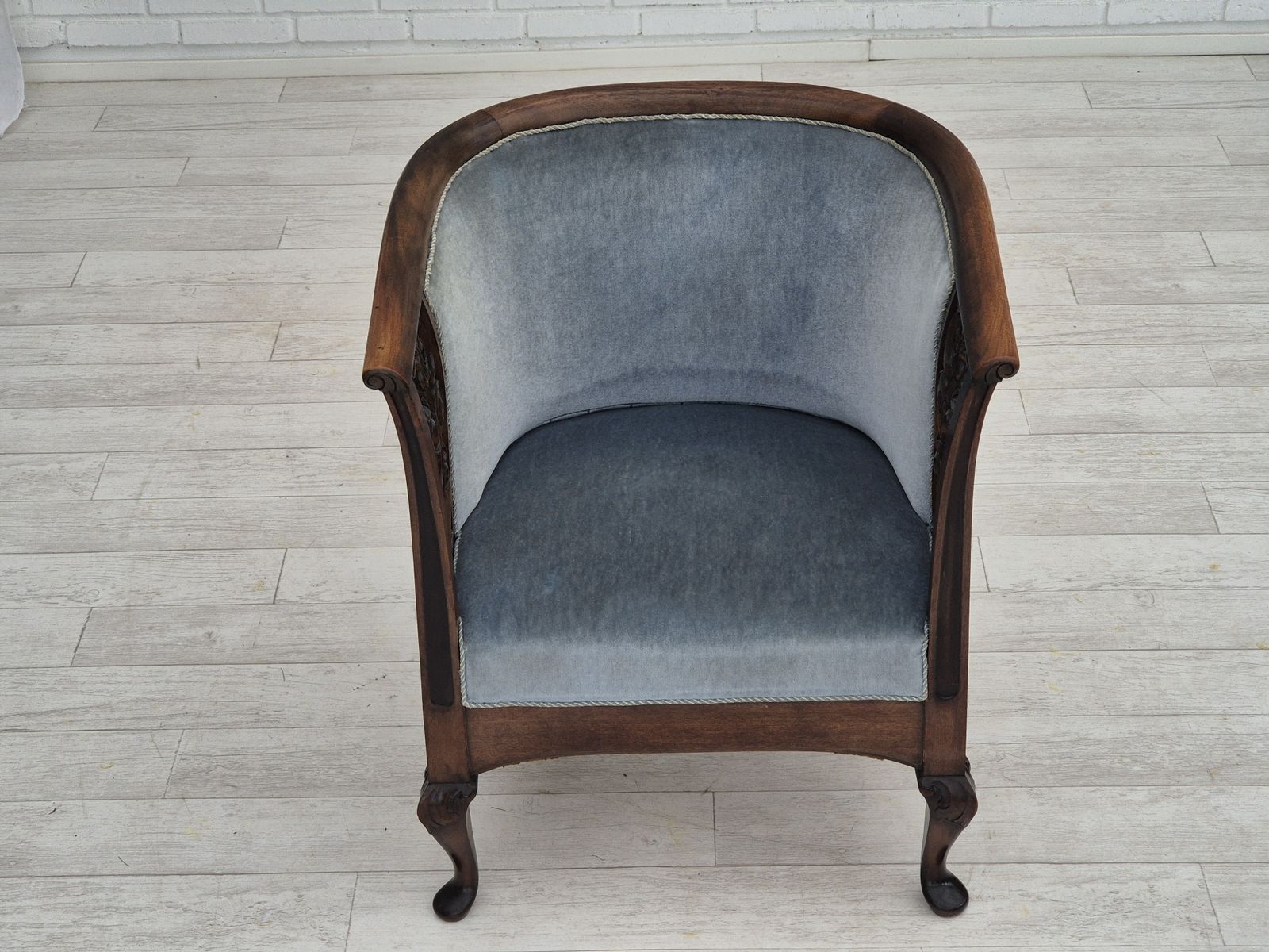 1950s, Danish Lounge Chair, Original Condition, Light Blue Furniture Velour. photo for sale