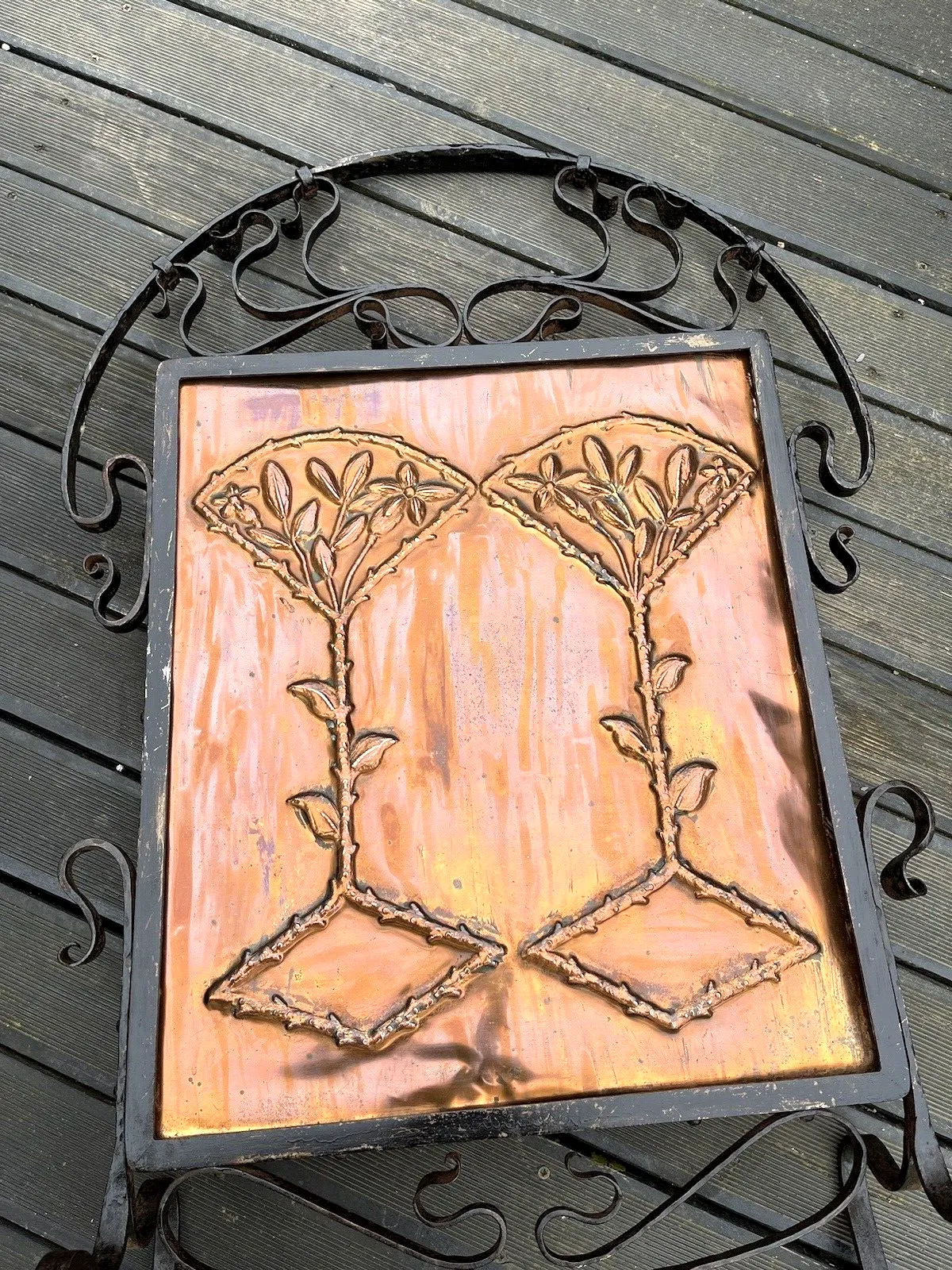 photo furniture Antique Arts & Crafts Aesthetic Movement Copper & Wrought Iron Fire Guard Screen