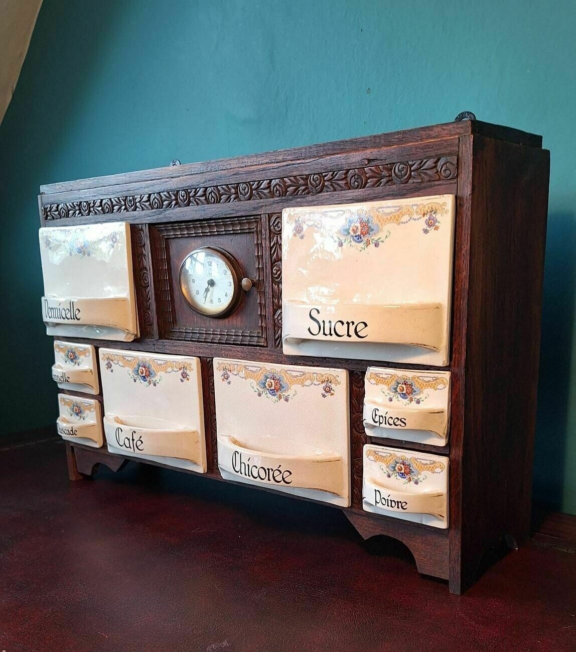 Antique Dutch Spice Cabinet Made In Belgium With Hand Painted Ceramic Drawers
