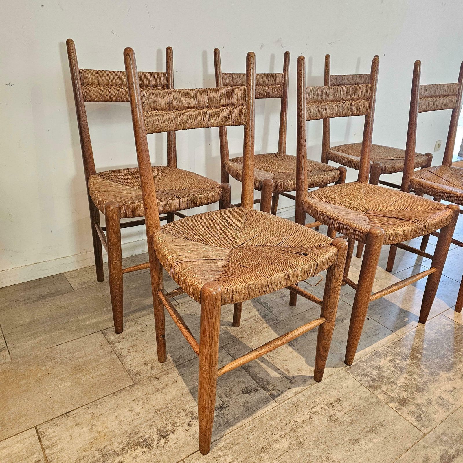 Set Of 6 French Chairs In Teak And Straw Woven Seatings photo Furniture