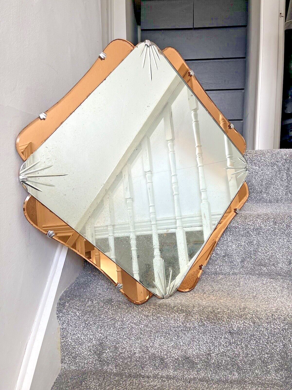 Huge 28" Beautiful 1930's Art Deco Over Mantel Mirror Copper Peach Starburst photo buy