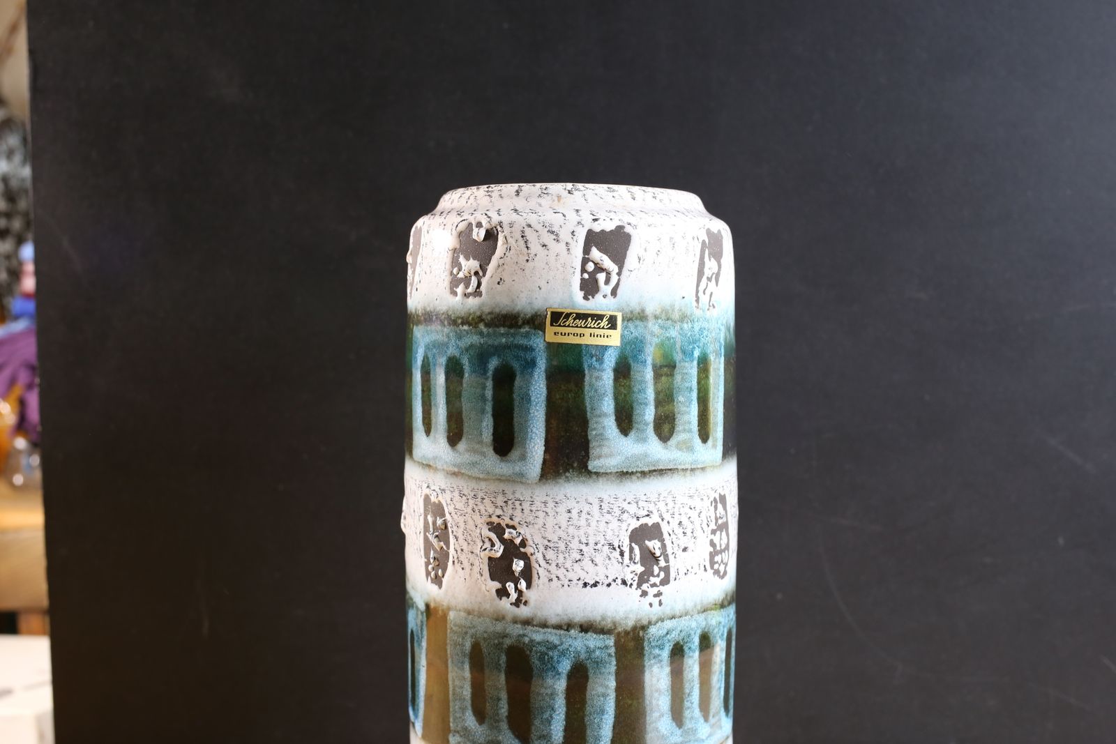 West German Pottery Vase Scheurich Mid Century Modern White And Blue Fat Lava Glaze 1960s photo buy