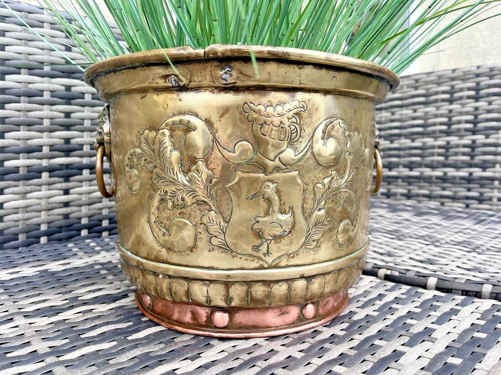 Antique Armorial Brass Copper Jardiniere Plant Pot Lion Head Handles Ice Bucket photo furniture