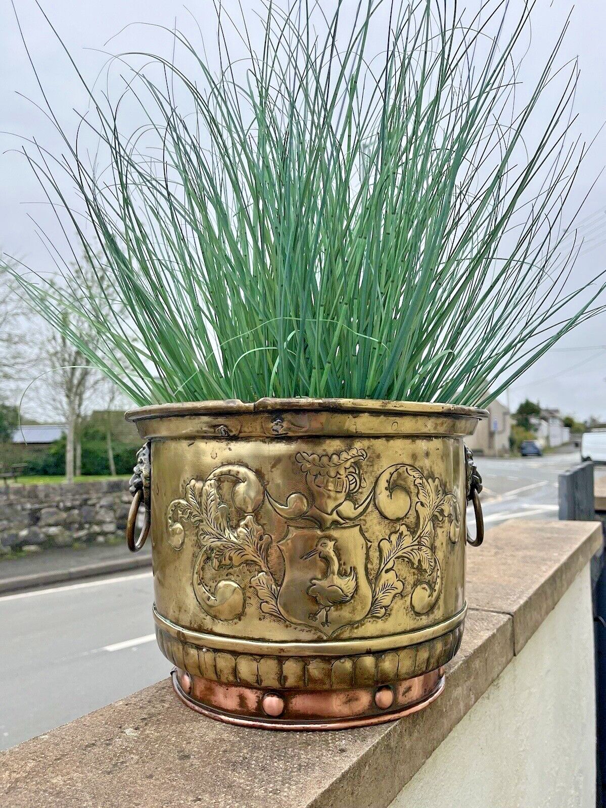 Antique Armorial Brass Copper Jardiniere Plant Pot Lion Head Handles Ice Bucket photo vintage