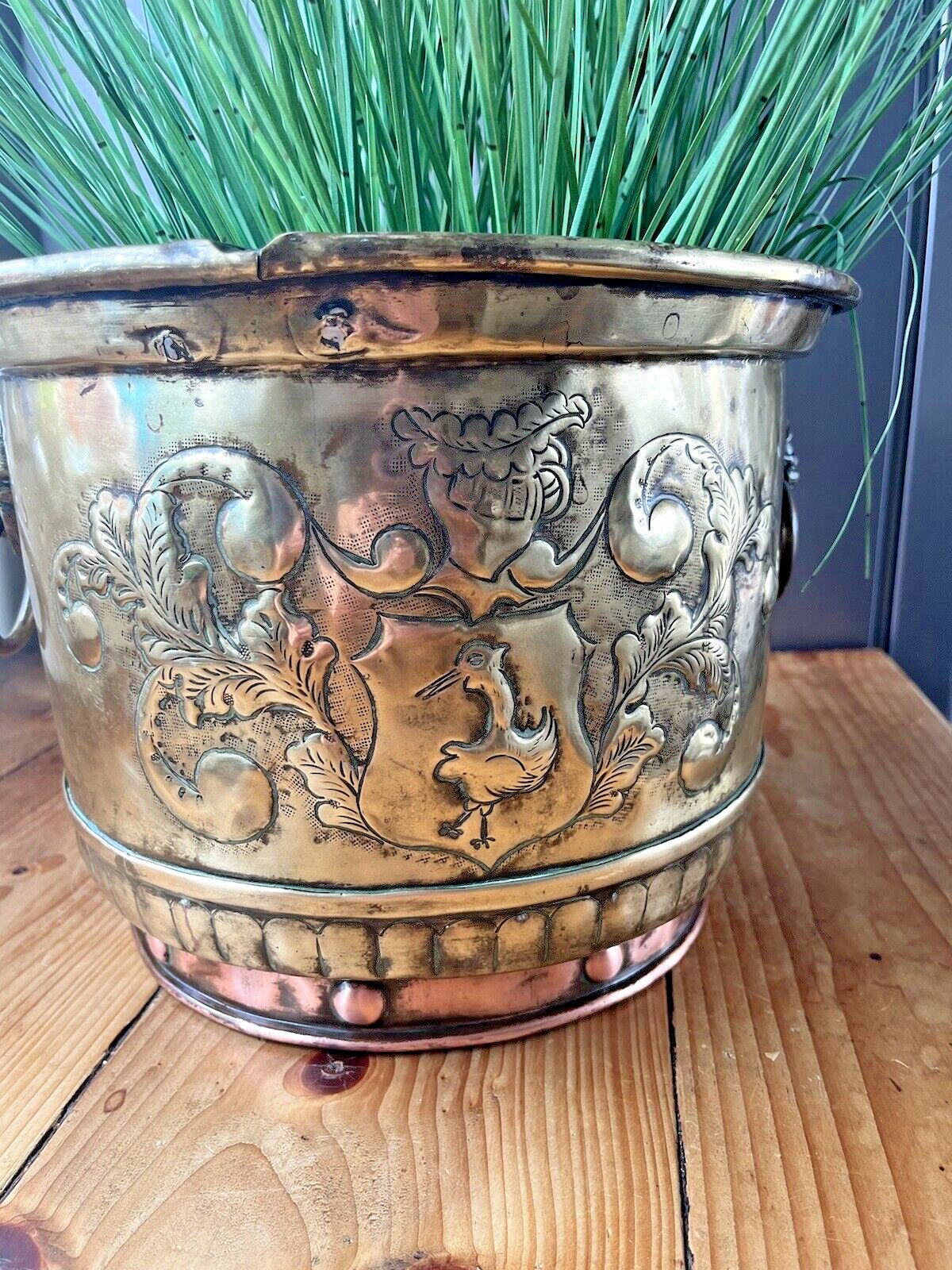 photo for sale Antique Armorial Brass Copper Jardiniere Plant Pot Lion Head Handles Ice Bucket