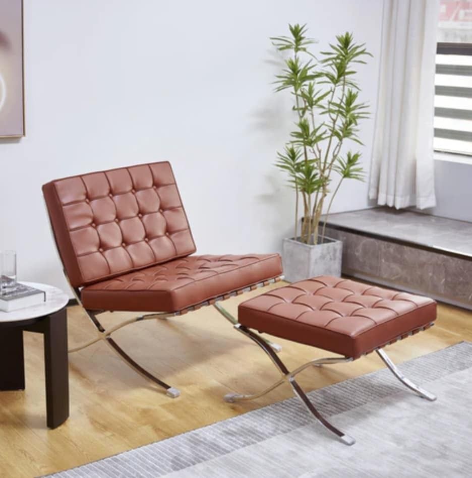Mid Century Style Leather Hand Upholstered Chair And Footstool. photo vinterior